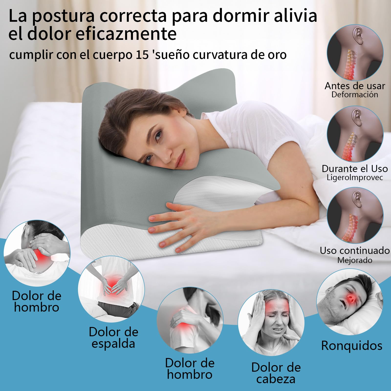 KIROGILY Almohada Cervical, Almohadas Memory Foam para Aliviar el Dolor de Cuello, Almohada Ortopédica Ergonómica para Personas Que Dormir de Lado, Boca Arriba o Boca Abajo, con Fundas de Almohada