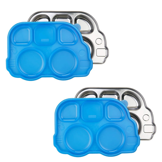 Innobaby - Placa de autobús de acero inoxidable con tapa seccional, original y resistente a fugas, placa dividida con forma divertida inventada para bebés, niños pequeños y niños, sin BPA, azul,