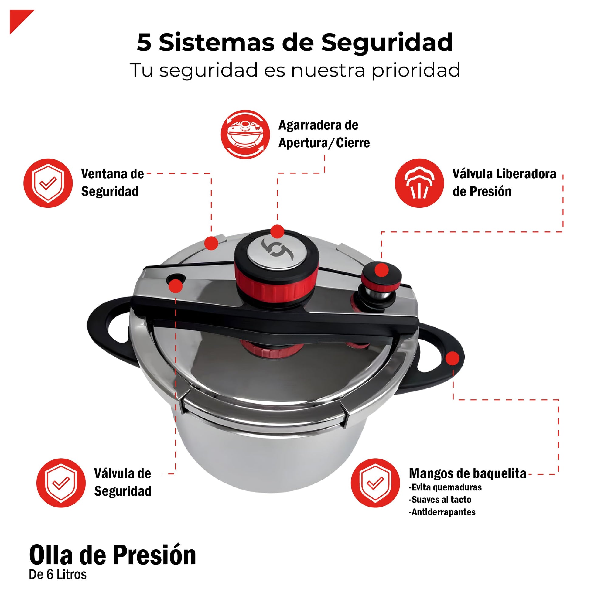 Olla de Presión Bogner Acero Inoxidable con Válvula de Seguridad y Depresurizador 6 Litros