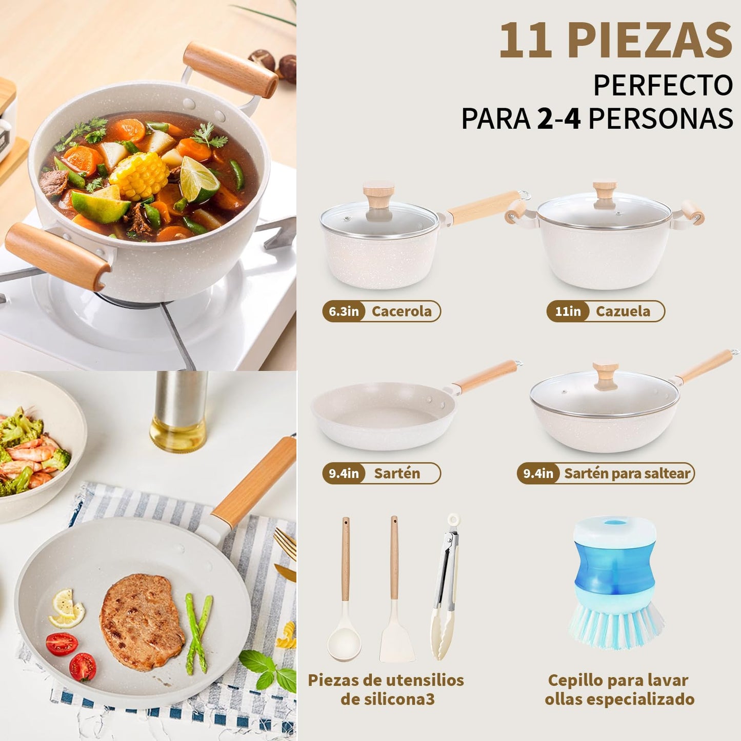 Juego de Sartenes Antiadherentes Batería de Cocina Blanco con Mango Desmontable