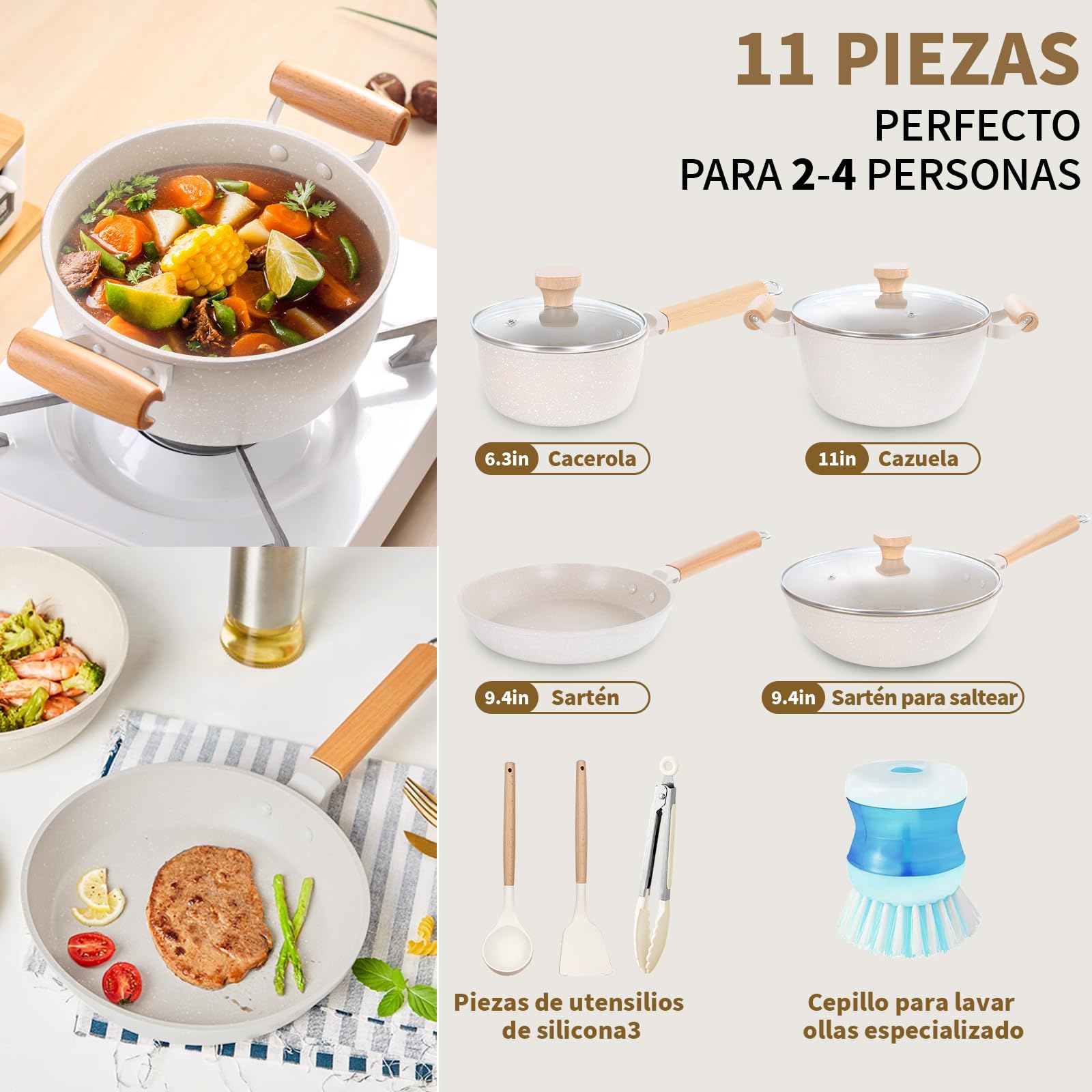 Juego de Sartenes Antiadherentes Batería de Cocina Blanco con Mango Desmontable