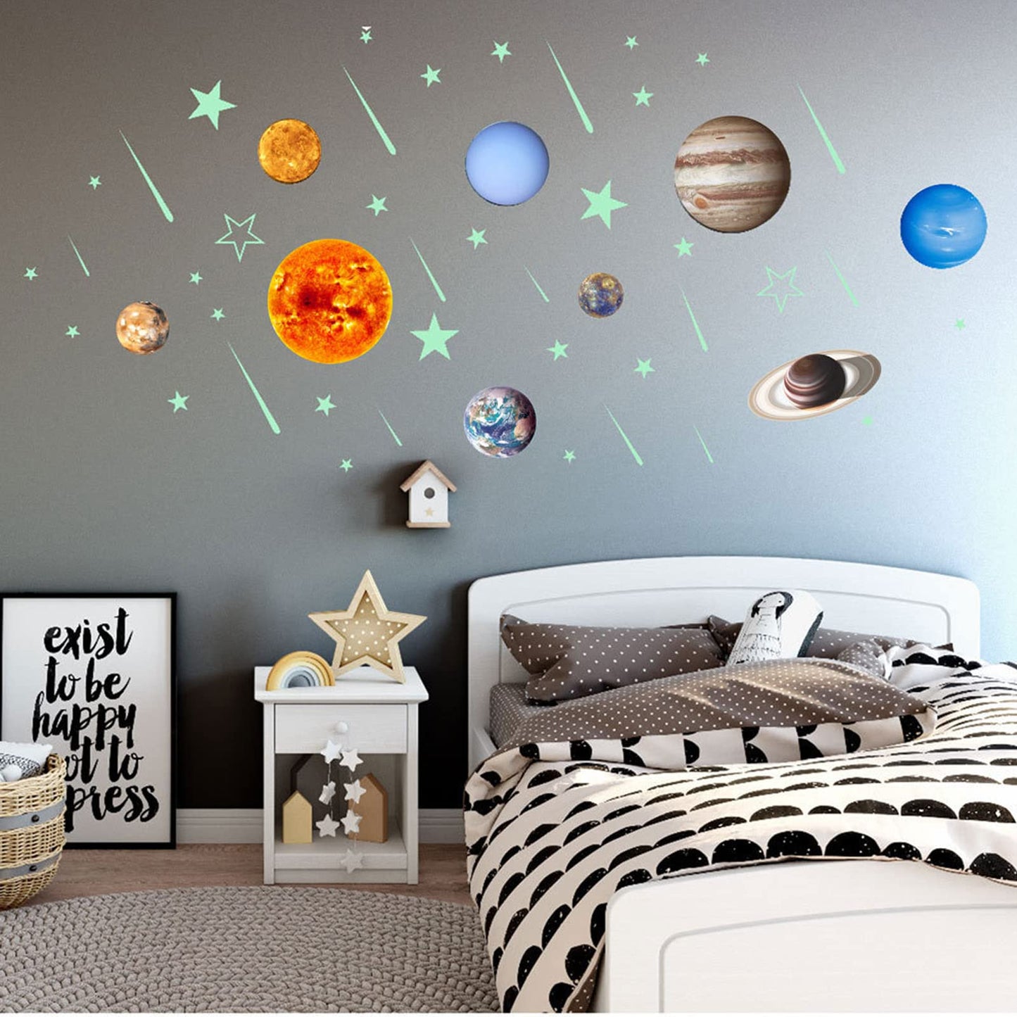 Pegatina de pared luminosa, pegatinas de estrellas luminosas brillantes con temática del sistema solar, resistente al agua, duradera, para decorar la puerta, pared, ventana y techos en la habitación del bebé, guardería