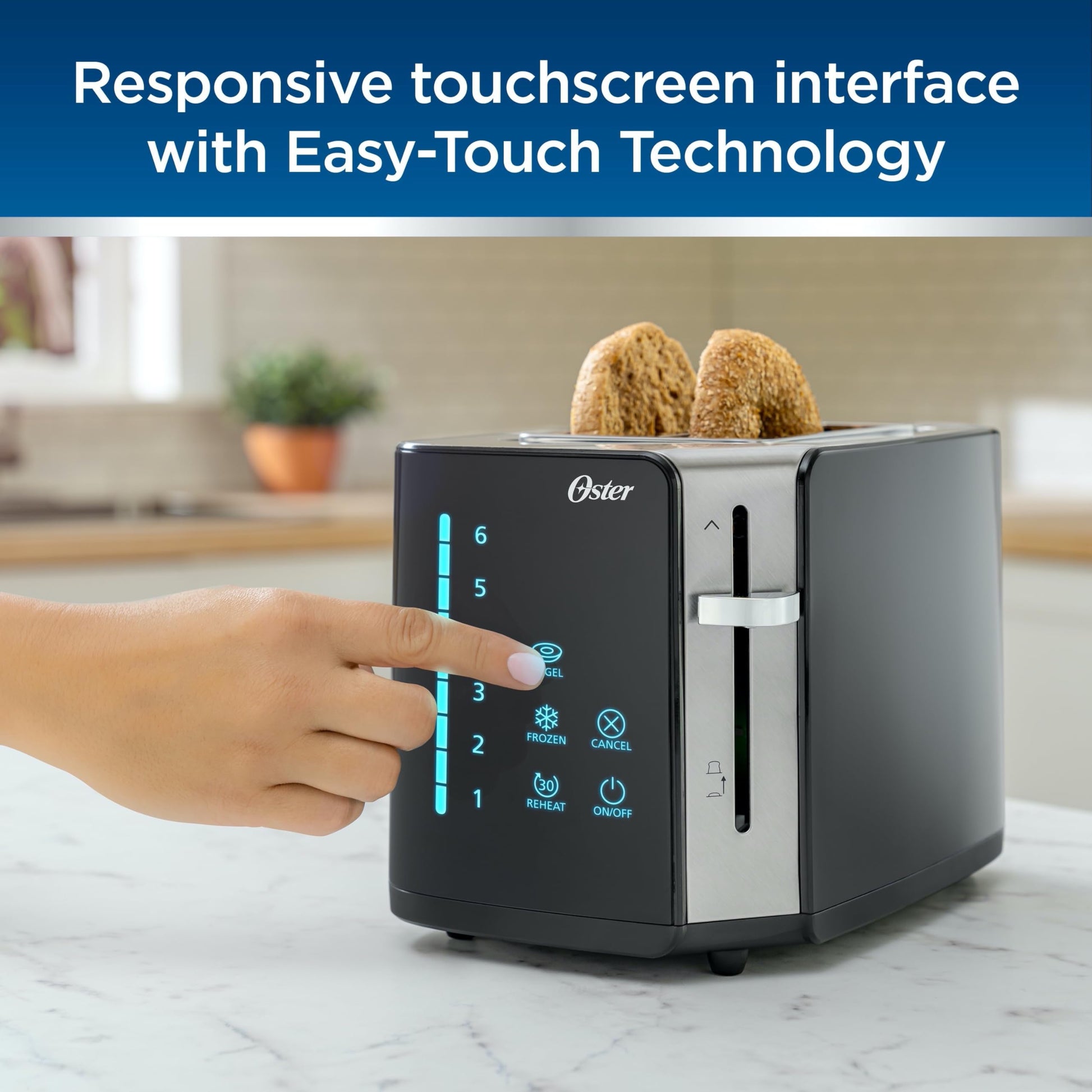Oster tostador de visualización táctil de 4 rebanadas, temporizador de cuenta regresiva, 6 ajustes de sombra, tecnología Easy Touch, modos Bagel/recalentamiento/congelado, acero inoxidable