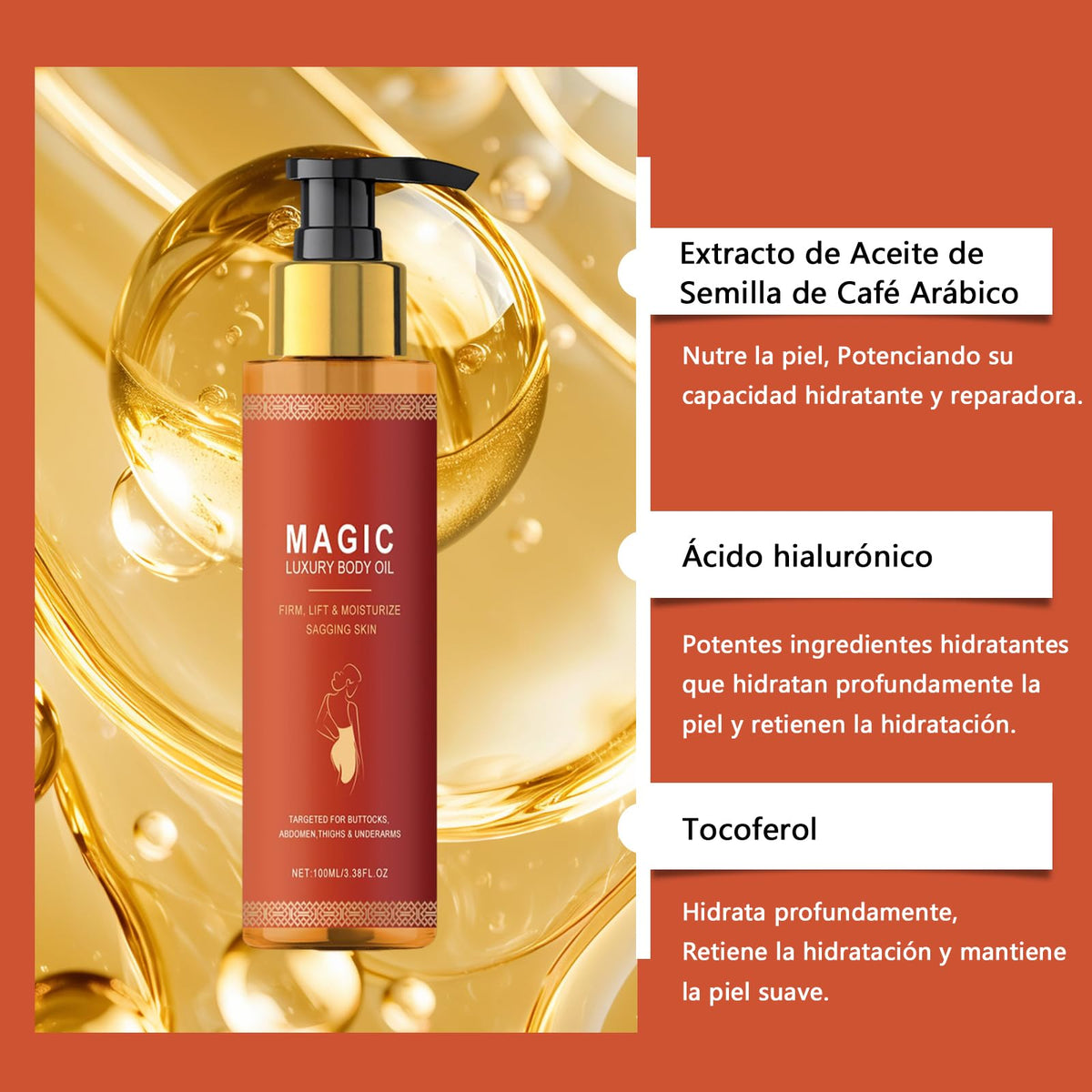 3Pcs Magic Body Oil, Aceite Hidratante y Reafirmante, Con Vitamina E, Aceite de Rosa Mosqueta y Aceite de Almendras, Rellena, Reafirma e Hidrata la Piel de Brazos, Escote, Muslos y Abdomen