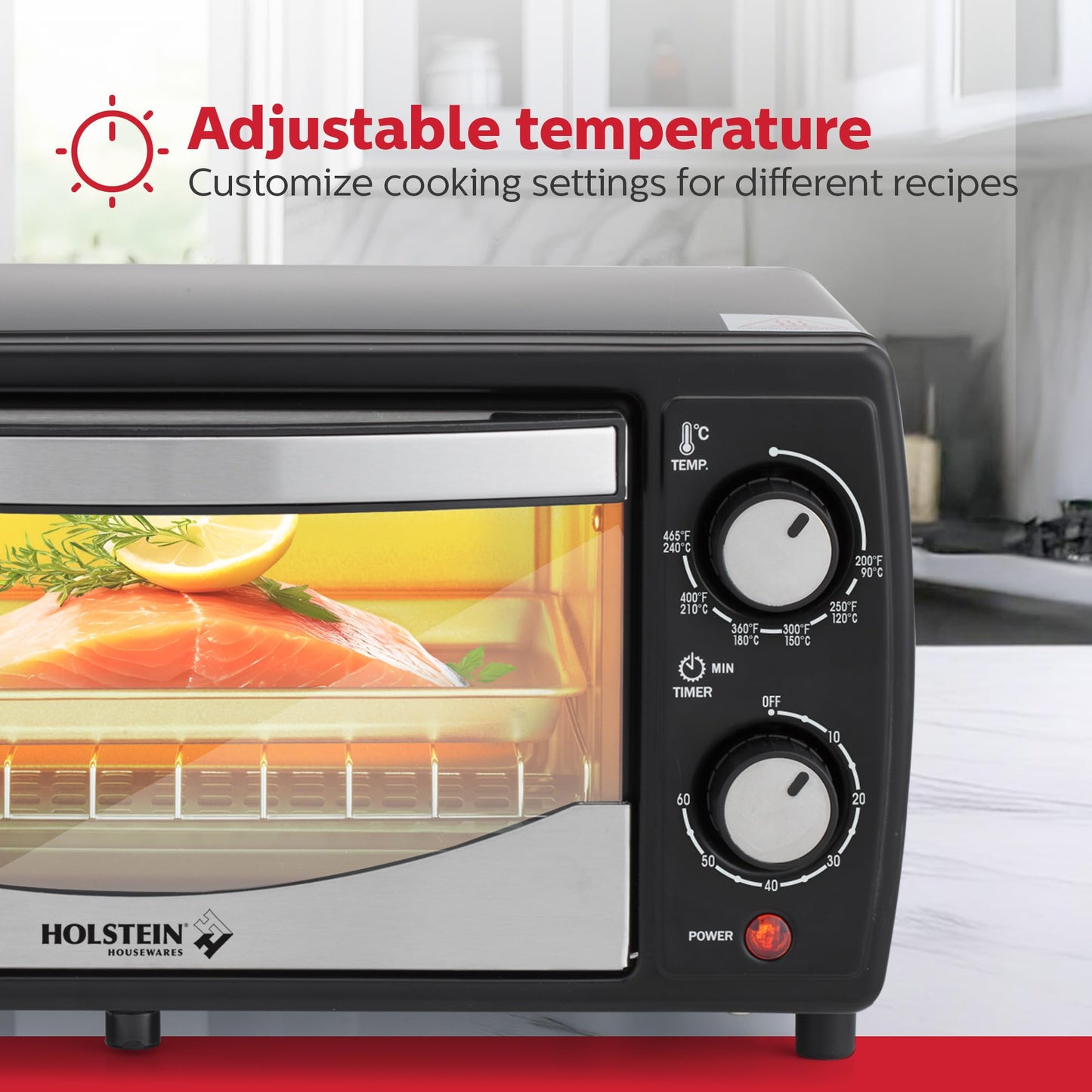 Holstein Housewares - Horno tostador de encimera de 4 rebanadas con temporizador de 60 minutos, incluye bandeja y estante de alambre, perfecto para hornear, asar y tostar, diseño compacto en negro
