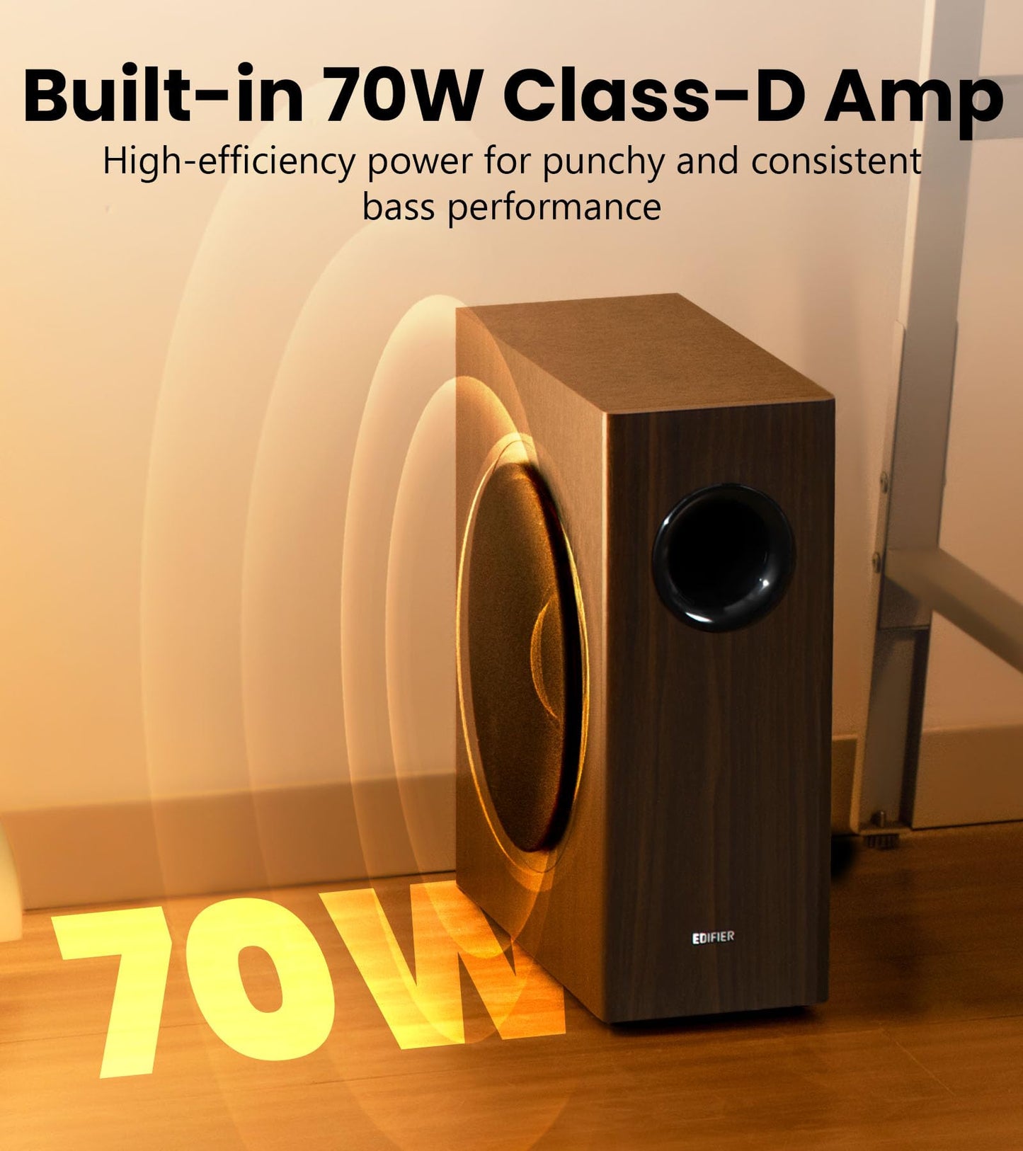 Edifier T5s - Subwoofer activo alimentado con 70 W RMS, woofer de 8 pulgadas de largo alcance, altavoz de graves profundos (35 Hz), amplificador incorporado, baja distorsión, selector de fase y