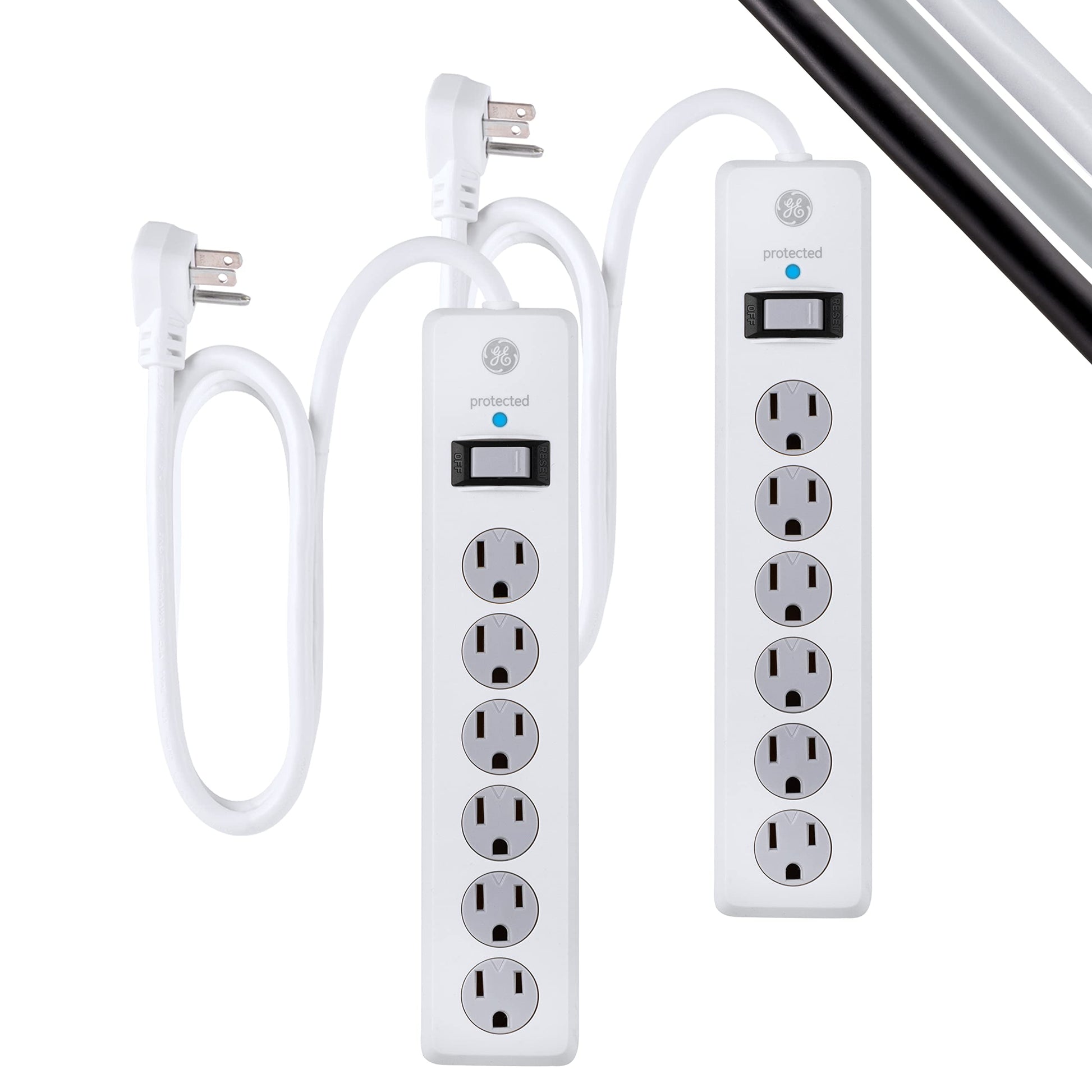 GE Tira Multicontactos De 6 Salidas con Supresor De Picos Y Enchufe Plano, Cable De Extensión De .90 Metros (3 Pies), 800 Julios, Cubiertas De Seguridad con Giro para Cerrar, Blanco,2 Unidades, 54629