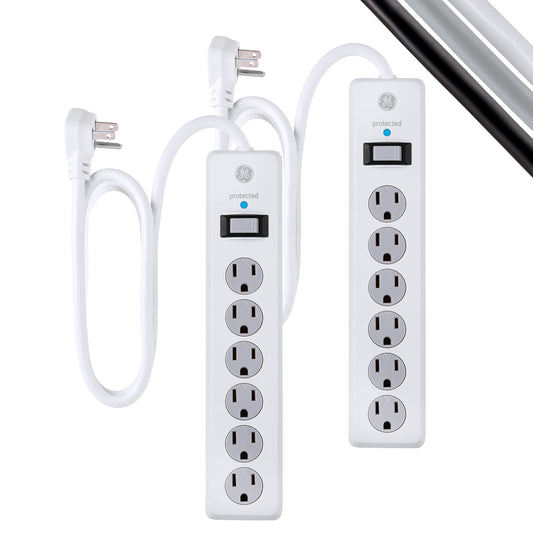 GE Tira Multicontactos De 6 Salidas con Supresor De Picos Y Enchufe Plano, Cable De Extensión De .90 Metros (3 Pies), 800 Julios, Cubiertas De Seguridad con Giro para Cerrar, Blanco,2 Unidades, 54629