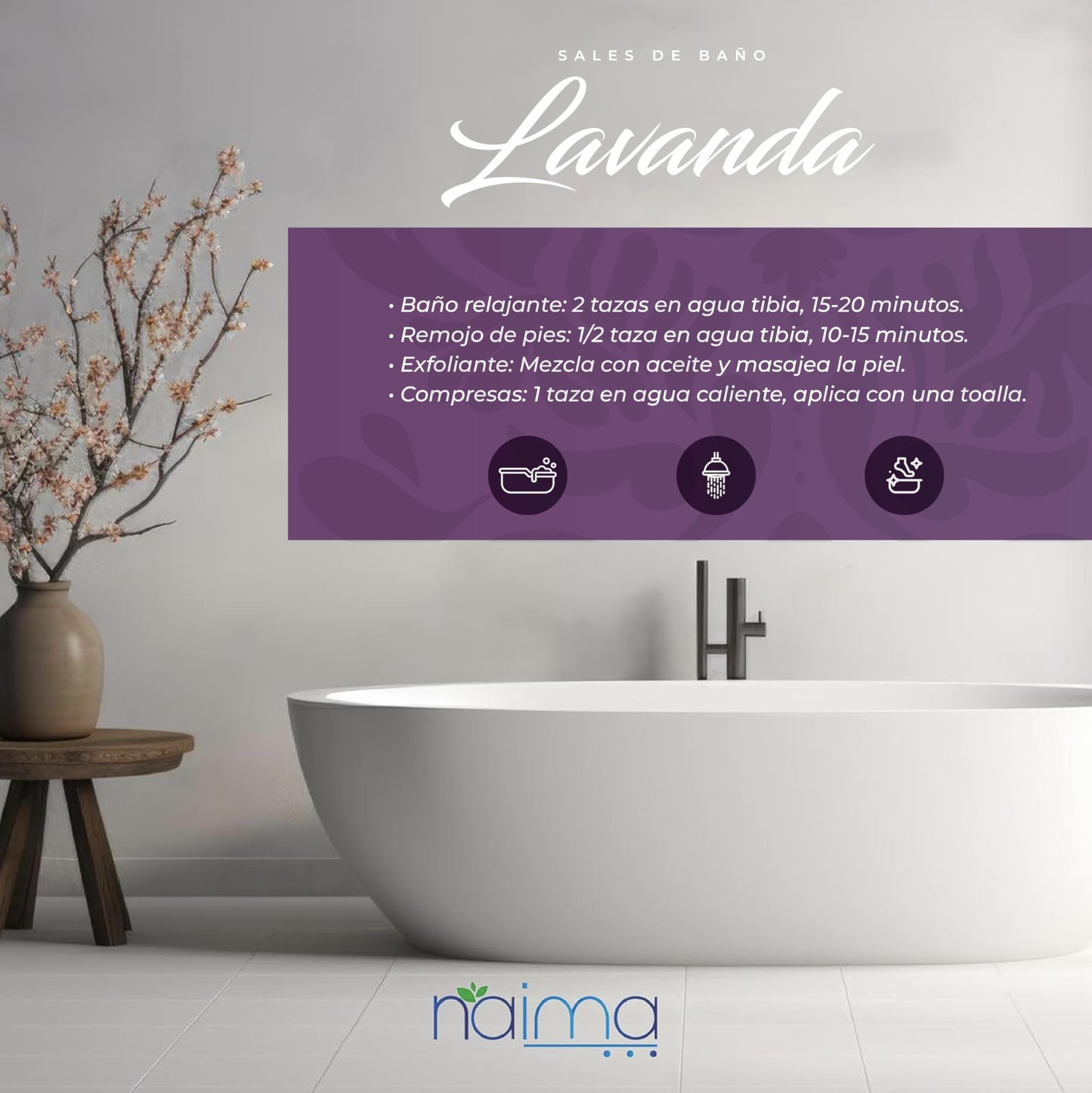 NAIMA Sal Epsom Lavanda, 1kg | Sulfato de Magnesio 100% Puro y Vegano | Baños Relajantes y Terapéuticos con Aroma de Lavanda | Ideal para Cuidado de Piel y Pies | Sin Colorantes Artificiales