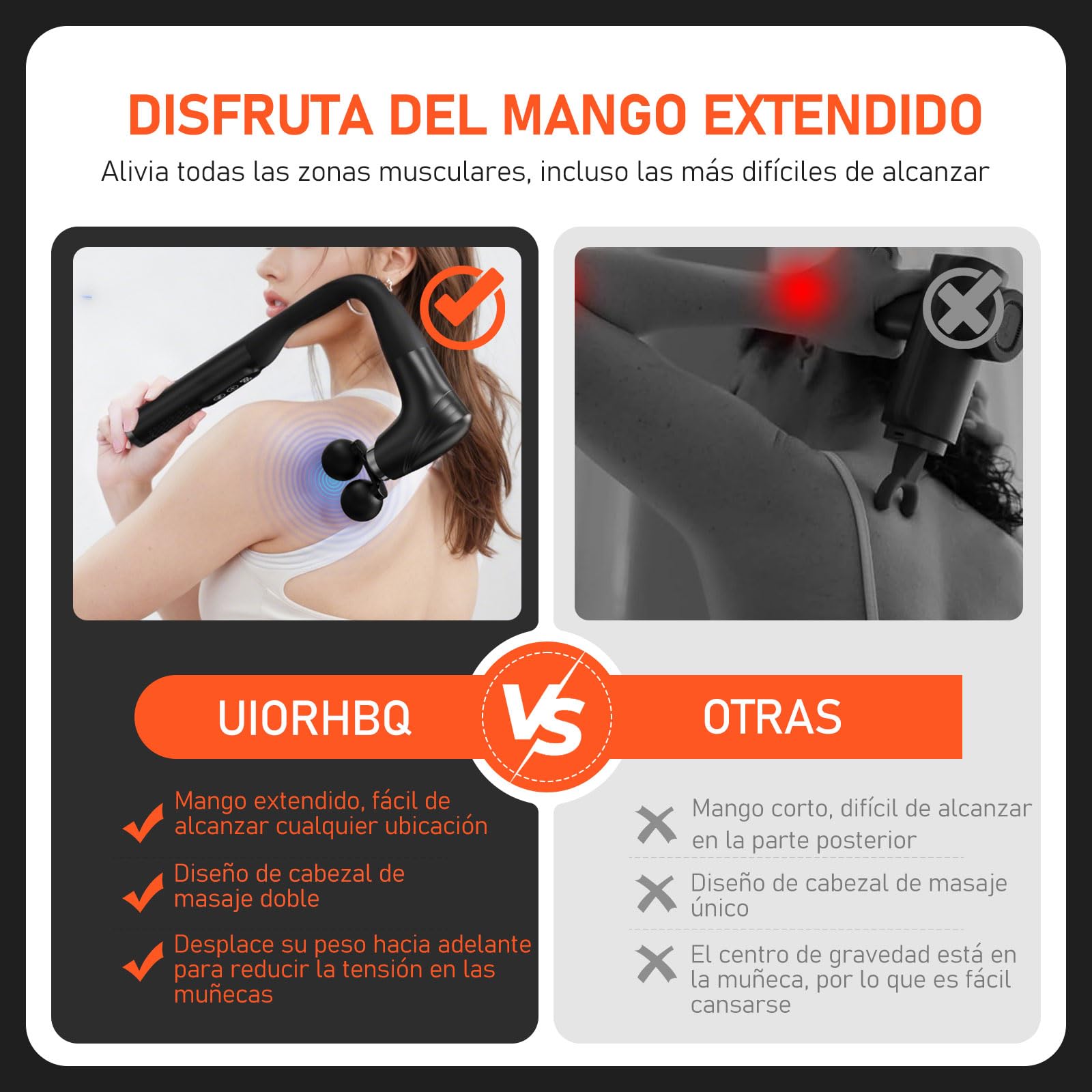 UIORHBQ Pistola de Masaje con Mango Extensión, Massage Gun de Espalda de Doble Bola para Aliviar el Dolor de Tejido Profundo, 5 Cabezales de Masaje y 12 Niveles de Velocidad,para Espalda Cuello Hombro