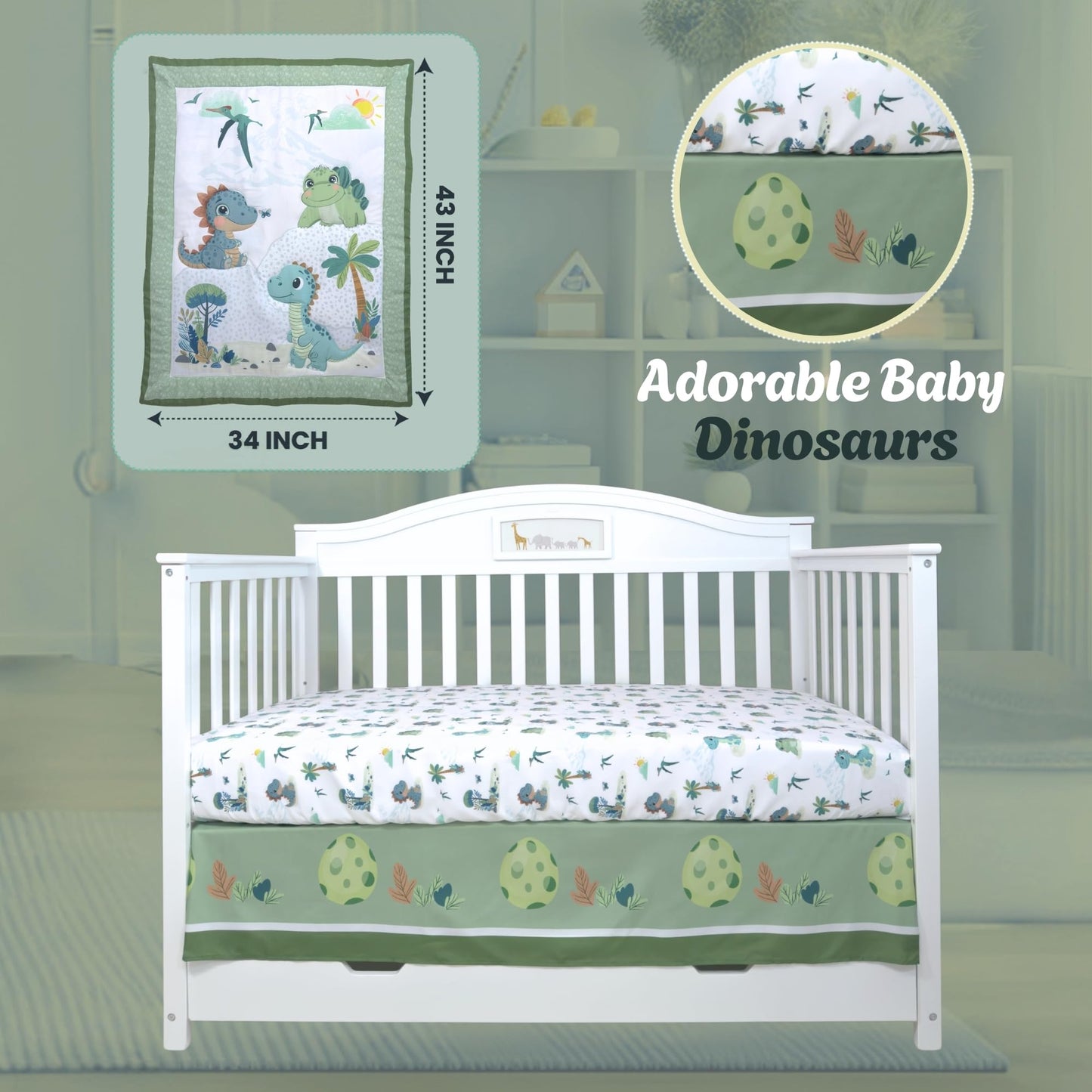 TrenD'lay - Juego de cama de 3 piezas para cuna para niños o niñas, incluye edredón y falda de cama