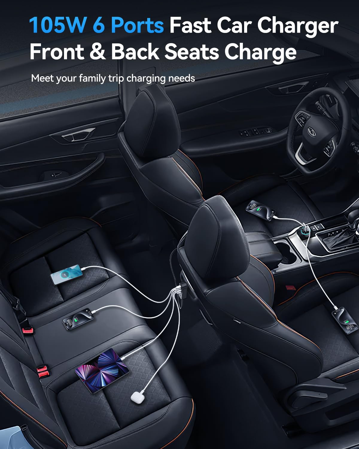 Rocoren 105W USB C Cargador de Coche, 6 Puertos para Viajes Familiares, PD 35W y QC3.0 30W Carga Rápida Multidispositivo, Cargador USB de Mechero con Cable de 5 pies para iPhone 15, iPad, Samsung S23