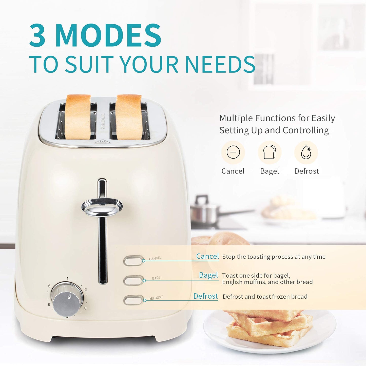 Ultrean tostador de 2 rebanadas con ranura extra ancha para tostar bagels, panes, gofres y más, material de acero inoxidable con bandeja extraíble para migas, 6 ajustes de color dorado