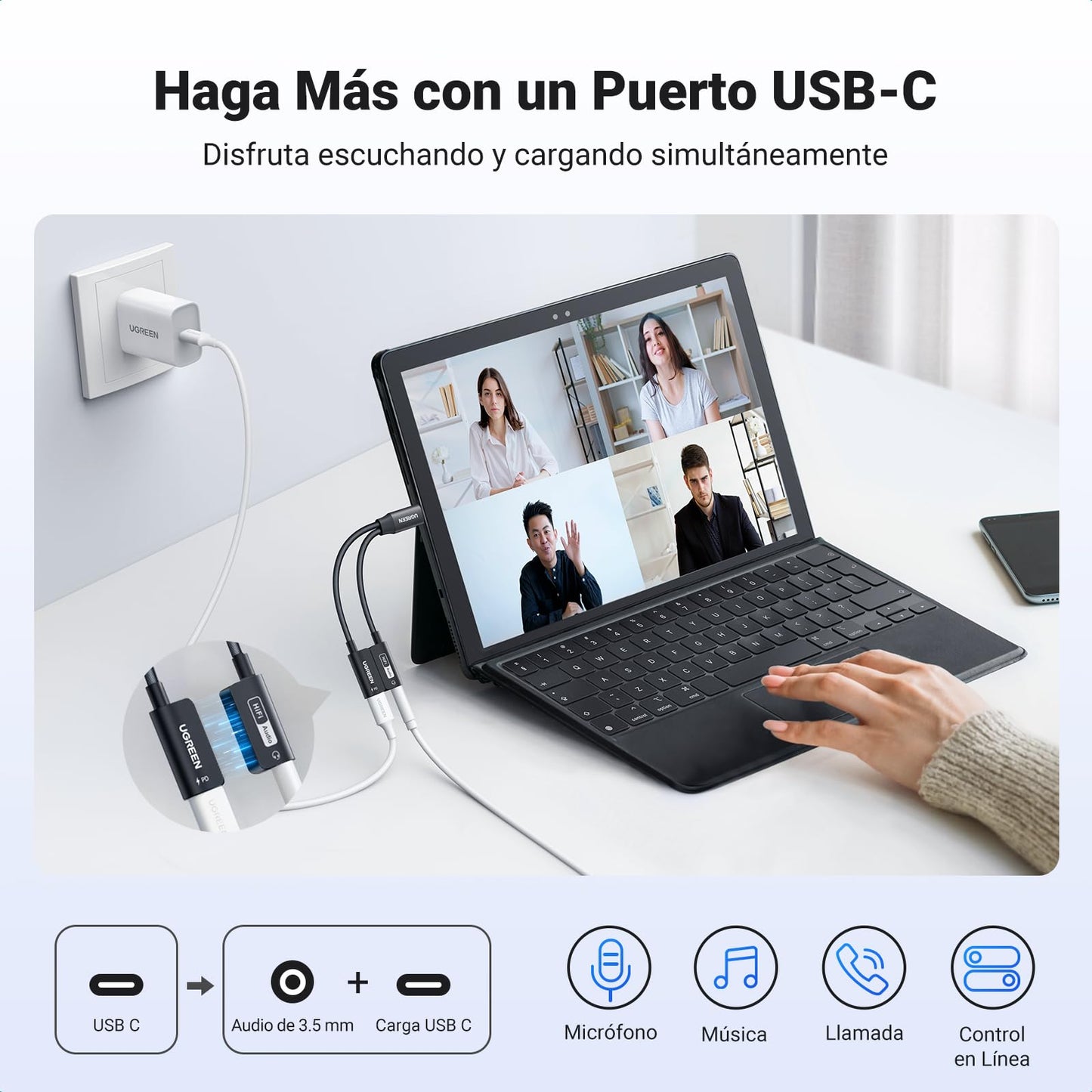 Adaptador USB C UGREEN 60W PD Magnético para Auriculares en Negro, Carga Rápida y Hi-Res 32bit/384kHz