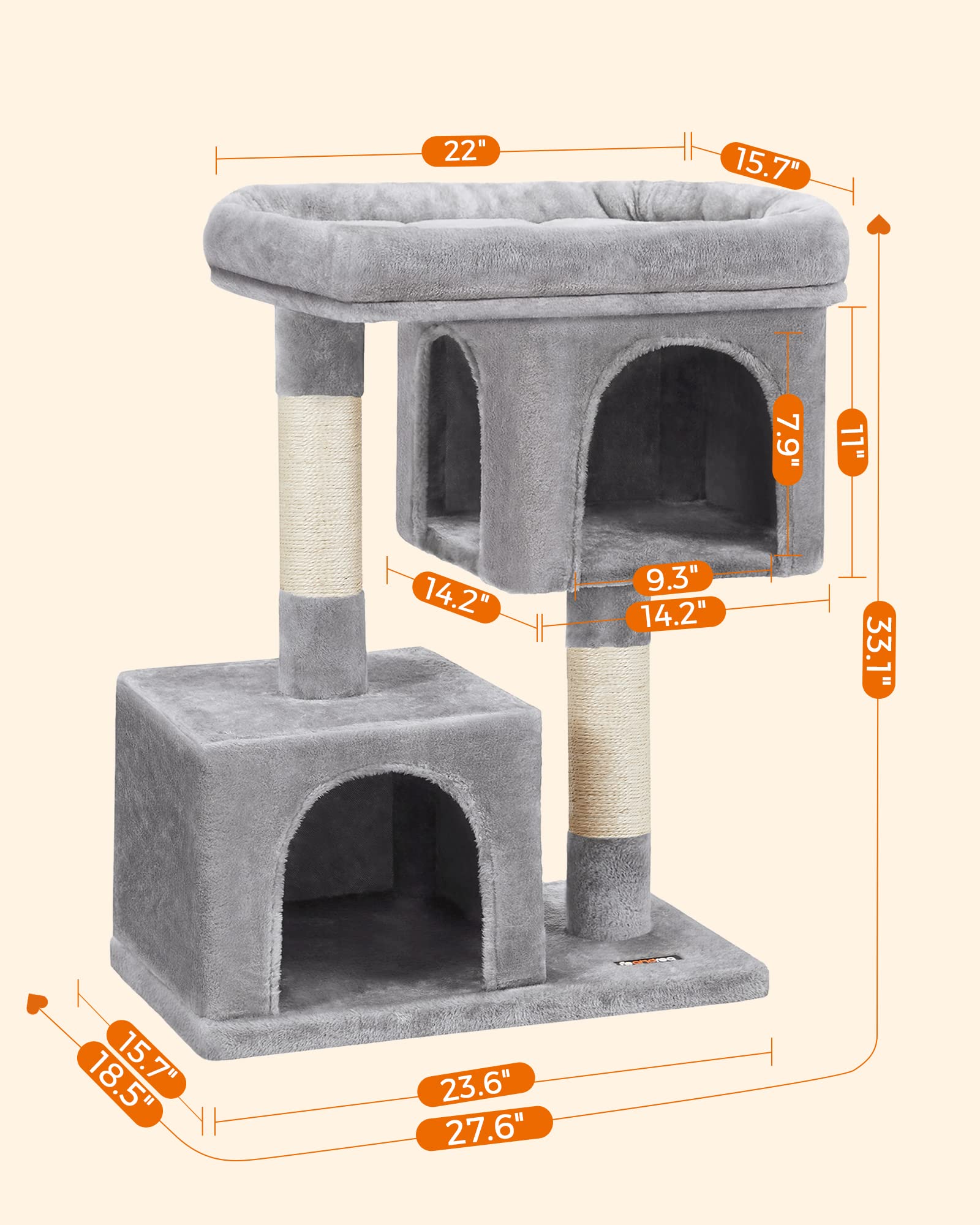 SONGMICS Cat Tree with Sisal-Covered Scratching Posts and 2 Plush Condos Cat Furniture for Kittens Light Gray UPCT61W