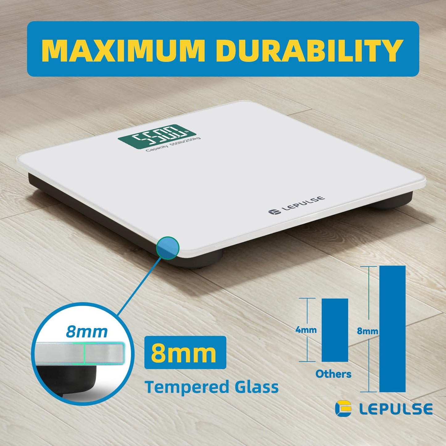 LEPULSE Báscula digital de baño de 550 libras para peso corporal IMC, plataforma extra ancha de alta capacidad, pantalla retroiluminada grande, báscula de baño más precisa de hasta 500 libras, báscula