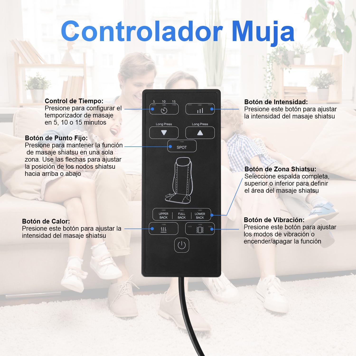 Shiatsu Cojín Muja Masajeador de Espalda y Cuello con Calor, Tapete Masajeador Cuerpo Completo con Ajuste de Altura, Masaje de Amasamiento, Acupresión o Rodamiento, Elimina la Fatiga y Alivia el Dolor