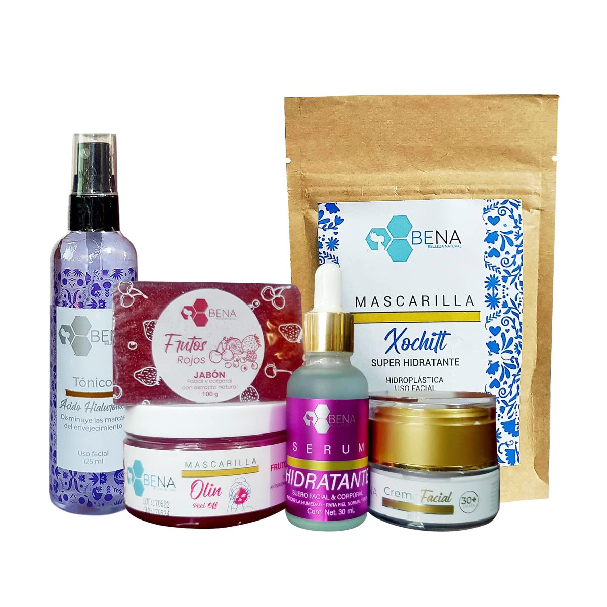 Kit Bena Serum Hidratante Tonico Acido Hialuronico Crema Facial Jabon Frutos Rojos y Mascarillas