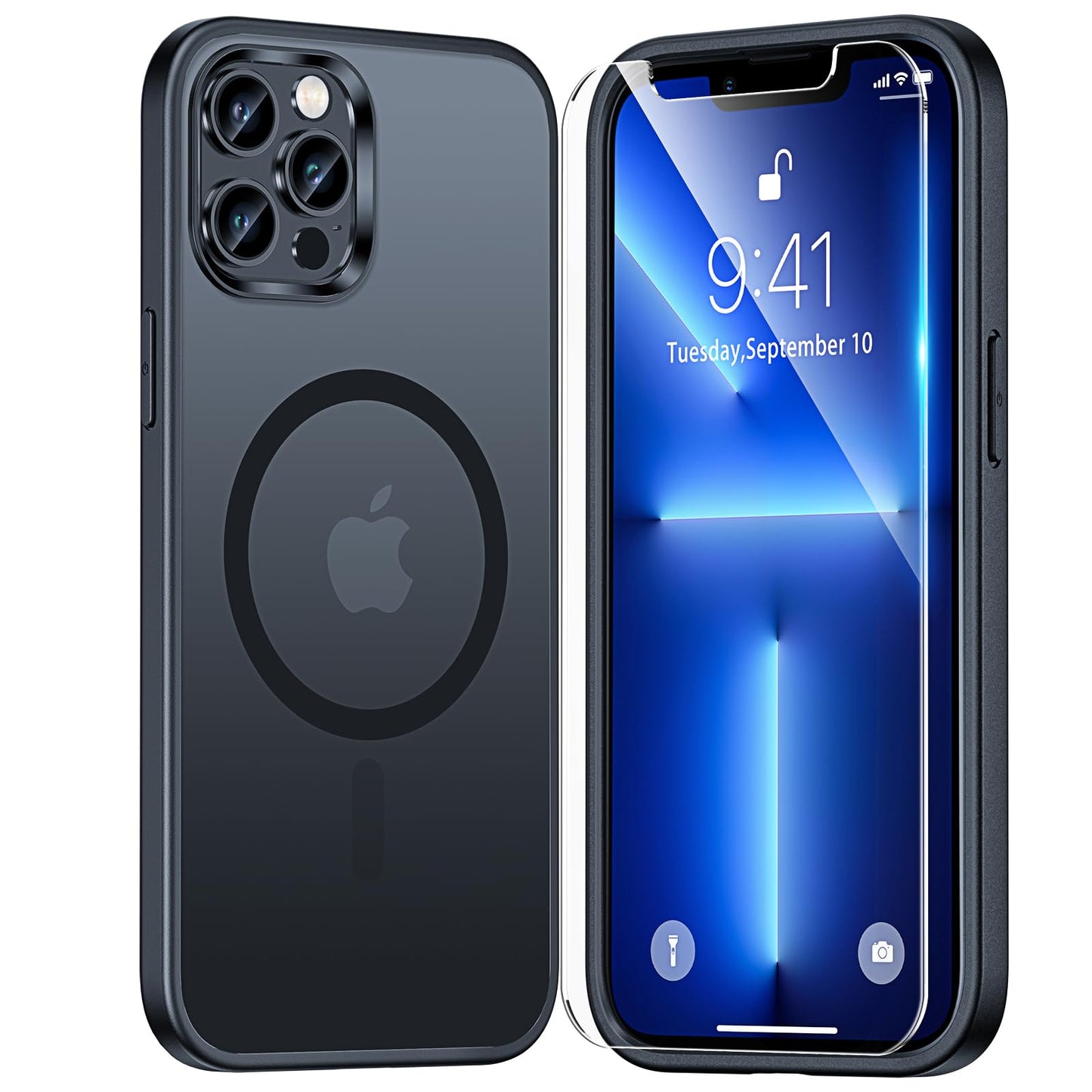 TAURI Funda Magnética para iPhone 13 Pro 6.1" con Protector de Pantalla Vidrio Templado, Compatible con MagSafe, [No se Amarillea] Protección Según la Norma Militar Carcasa - Mate Negro