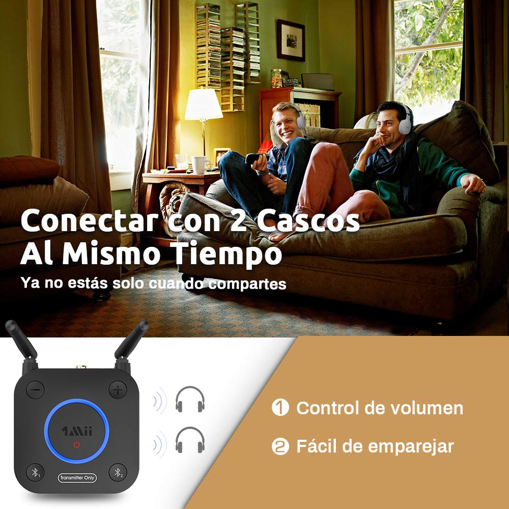 Transmisor Bluetooth 5.2 1Mii Negro con Entrada Óptica y Largo Alcance para TV