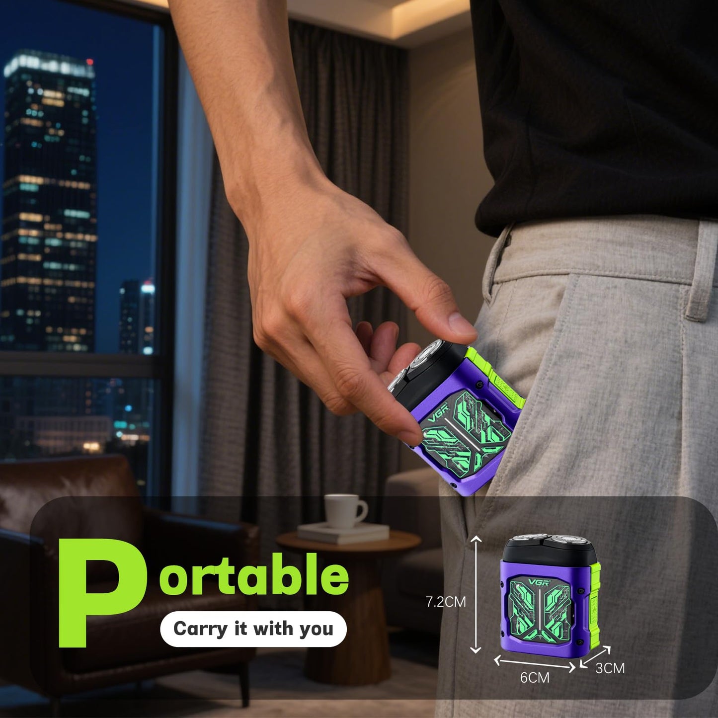 VGR 344 Mini afeitadora eléctrica para hombre, con cabezales magnéticos de doble rotación para facilitar la limpieza, afeitadora de viaje compacta para la cara con IPx6 resistente al agua, carga USB