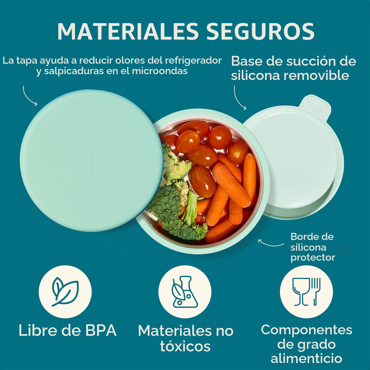 Pandaloo - Cuencos de porcelana para niños con funda y tapa de silicona extraíble, base de succión fuerte, apto para microondas y lavavajillas, a prueba de niños pequeños, cuencos de alimentación de