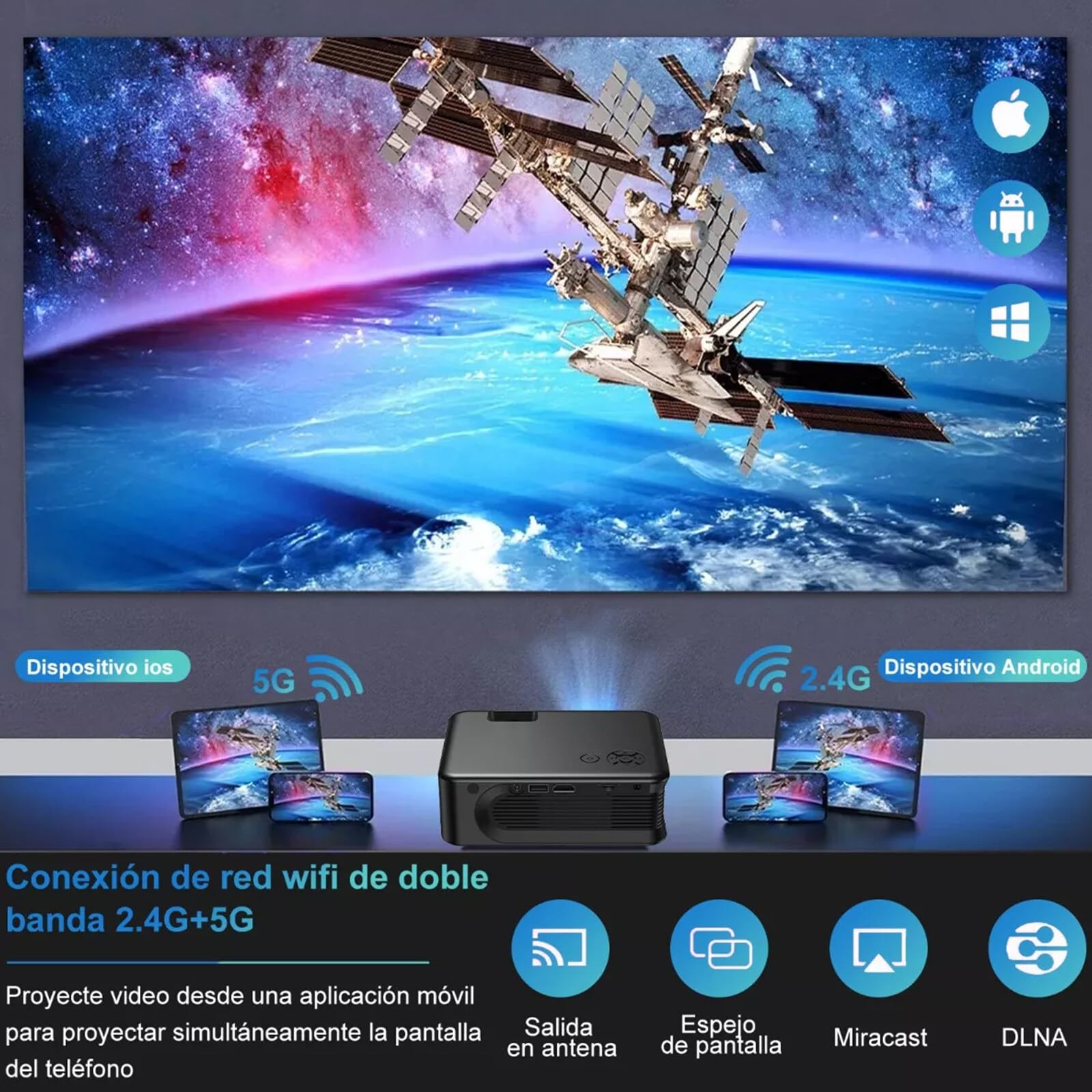 Proyector Mini Yolispa Blanco con WiFi y Bluetooth para Cine en Casa Compatible con Smartphone y Laptop