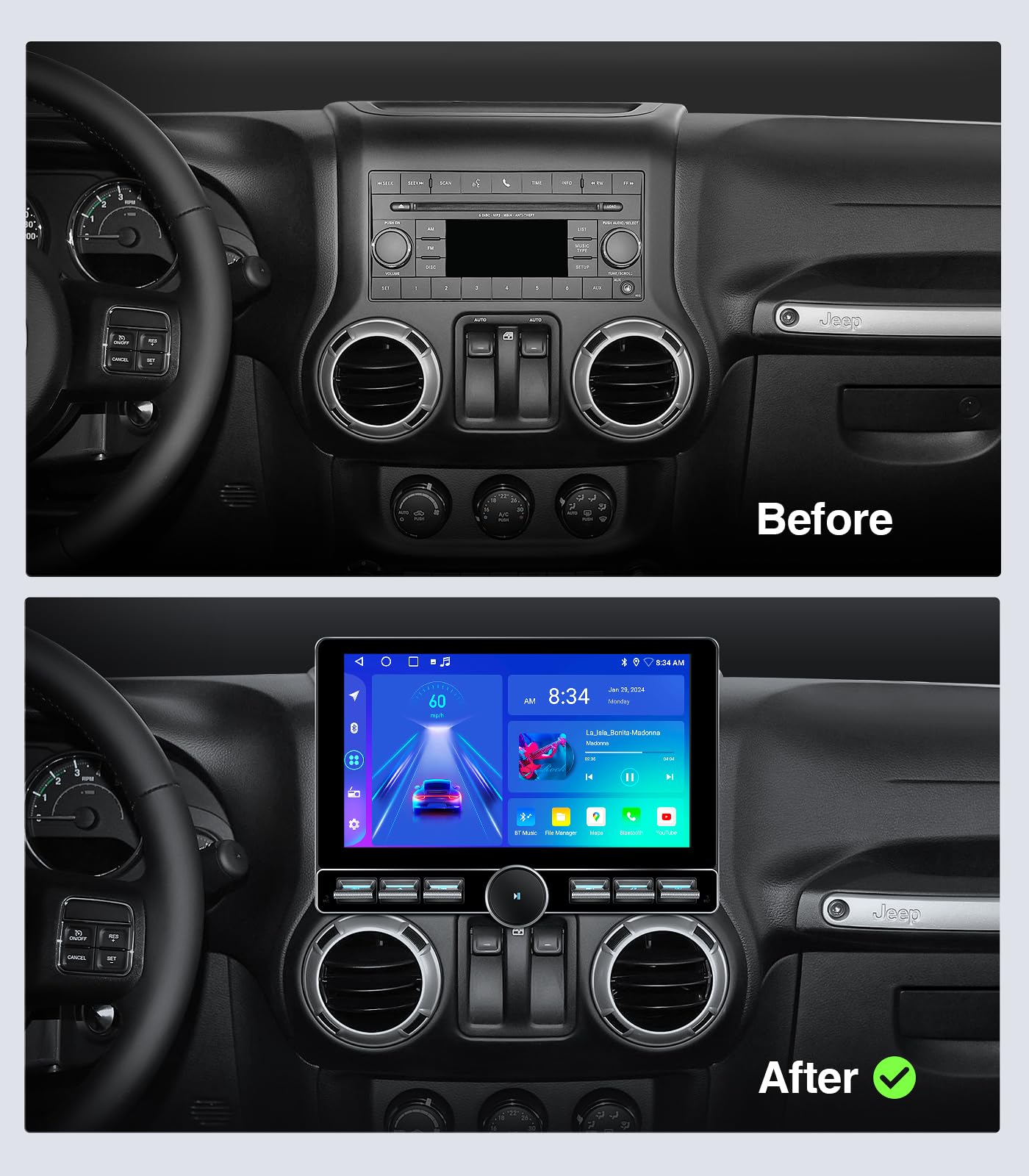 Estéreo de coche 4G+64GB para Jeep Wrangler JK 2007-2018, Dodge Ram 1500 2500 Radio de actualización - CarPlay inalámbrico Android Auto con botón de volumen físico, pantalla táctil QLED, cámara de
