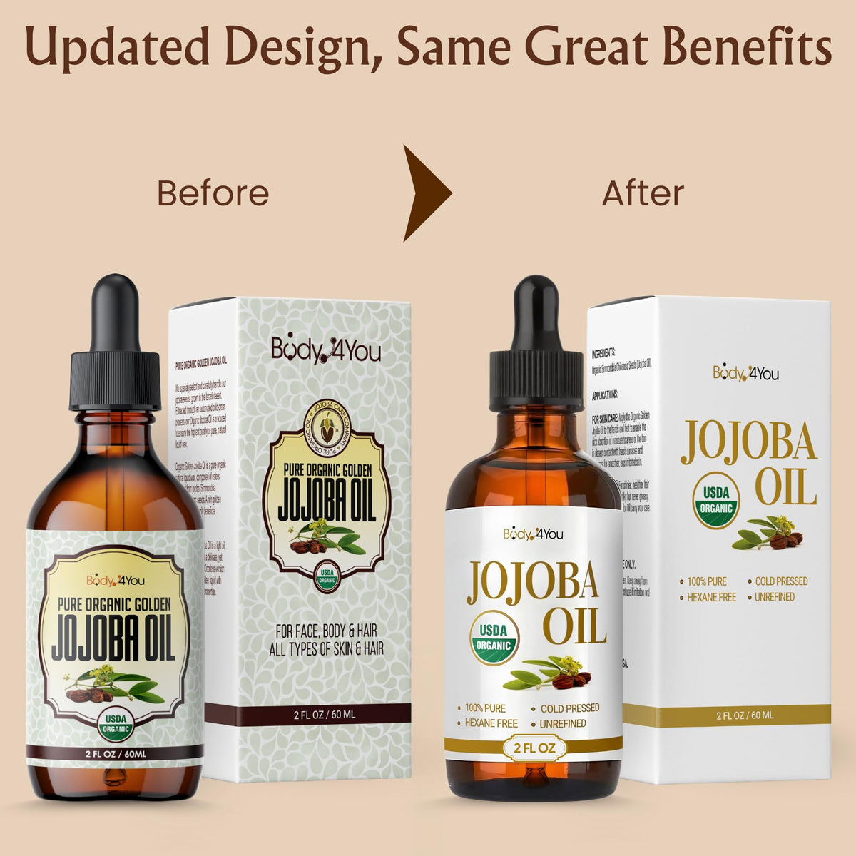 BodyJ4You Jojoba Oil - Organic USDA 100% Pure Natural - Moisturizing Oil Face, Hair, Skin Nails - Cold Pressed, Unrefined, Anti-Aging - Men Women All Skin Types - 2 Fl Oz