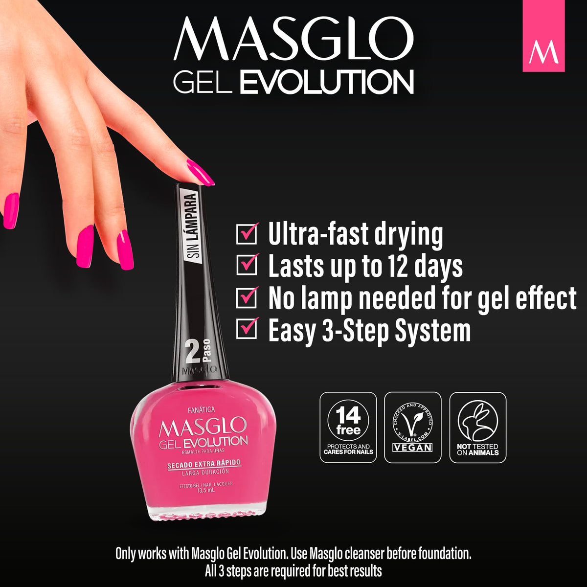 MASGLO- GEL EVOLUTION Esmalte de Uñas Efecto Gel, Sin Lámpara UV/Led, Duración Hasta 12 días, 3 uds - Kit Base, Esma