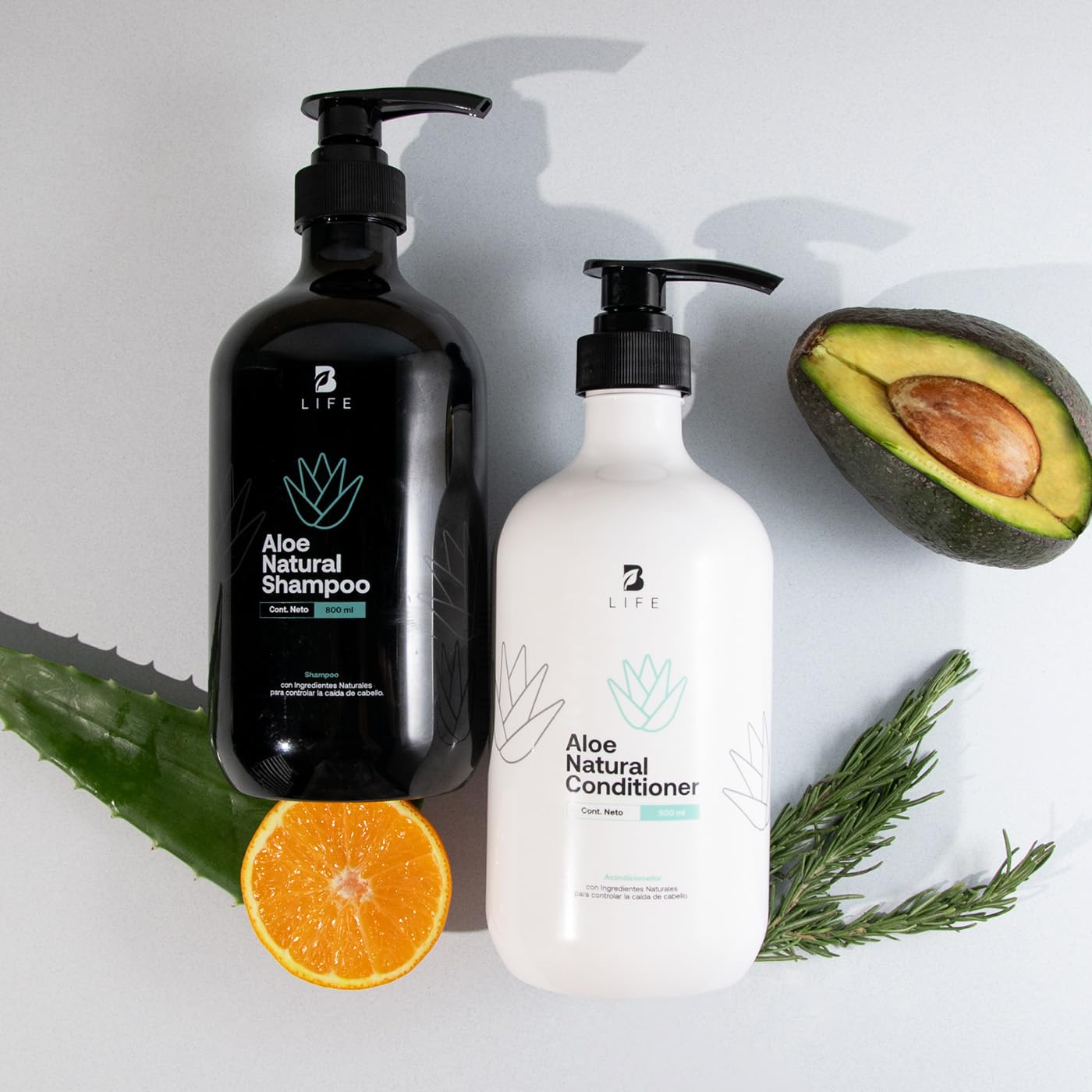 Kit Shampoo y Acondicionador Natural de 800ml C/U sin Sulfatos ni Parabenos con Ingredientes Naturales. Natural Conditioner and Shampoo B Life.