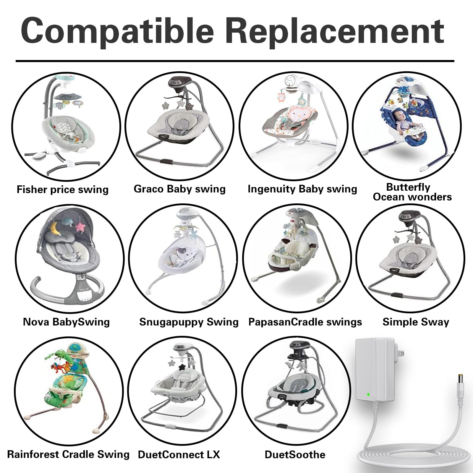 Cable de alimentación para bebé USB, cargador de columpio para bebé, compatible con Ingenuity Swing para InLighten, InLighten Calmante, Anyway Sway, ConvertMe, Swing n Go Deluxe, SimpleComfort