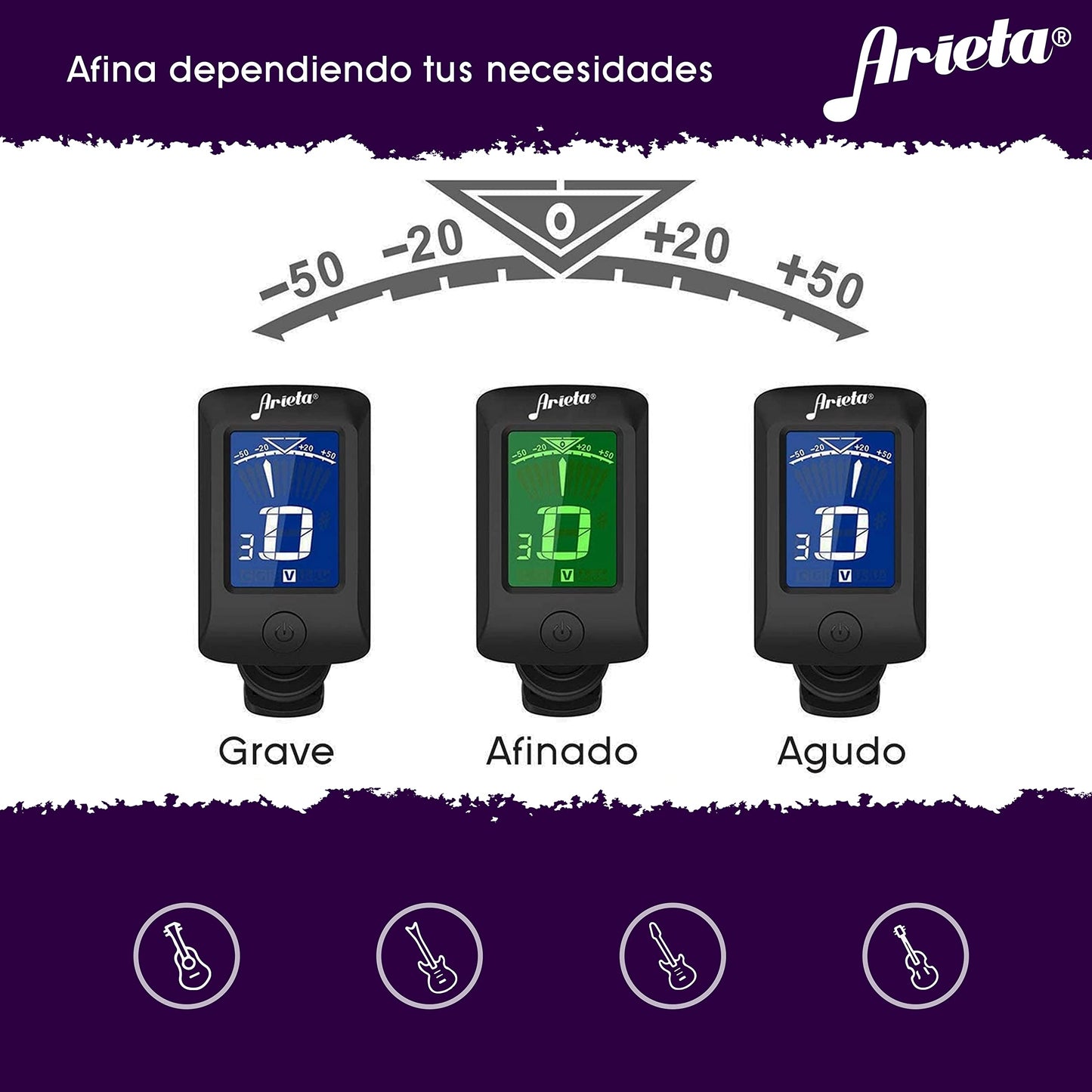 Arieta Afinador de Guitarra/Bajo. Afinador Digital Arpegio con Clip para Guitarra Acustica, Electrica, Bajo, Violin y Ukelele. Sintonizador Electrico. Guitar/Electric Guitar/Bass Tuner