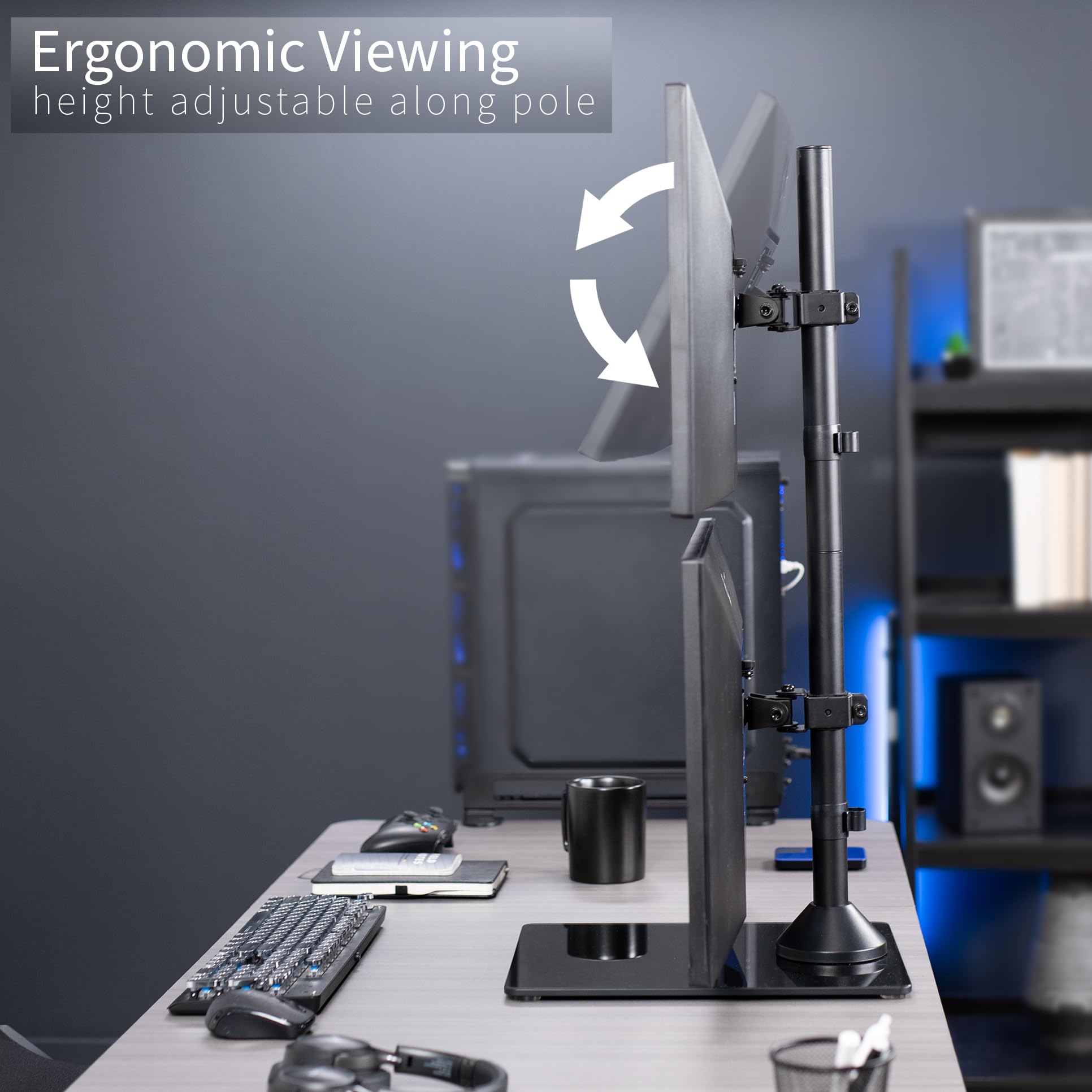 Soporte de Computadora VIVO Negro para Monitor Dual en Vidrio Templado