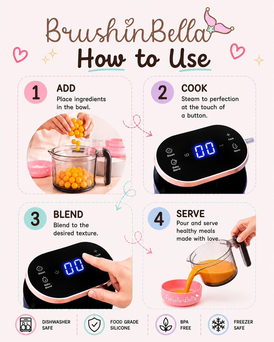 BrushinBella - Procesador de alimentos para bebés 5 en 1 con bandeja de sopa, máquina para hacer purés de bebé, amoladora, vapor, visualización táctil, mezcla automática y manual, calentador de