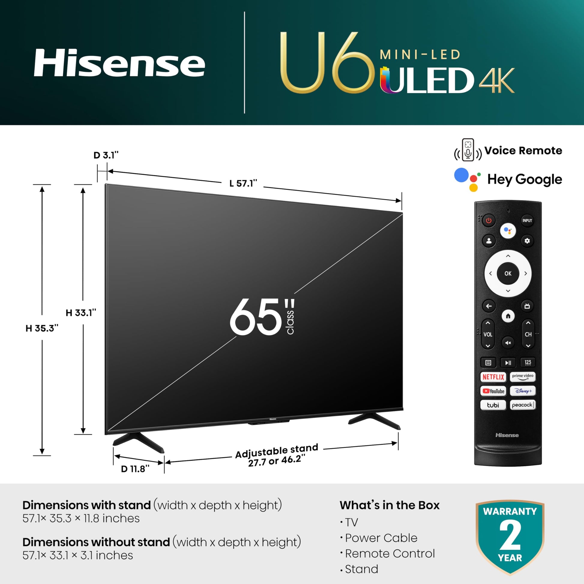Hisense Pantalla 65 Pulgadas Plana Mini LED 4K Android 65U6K