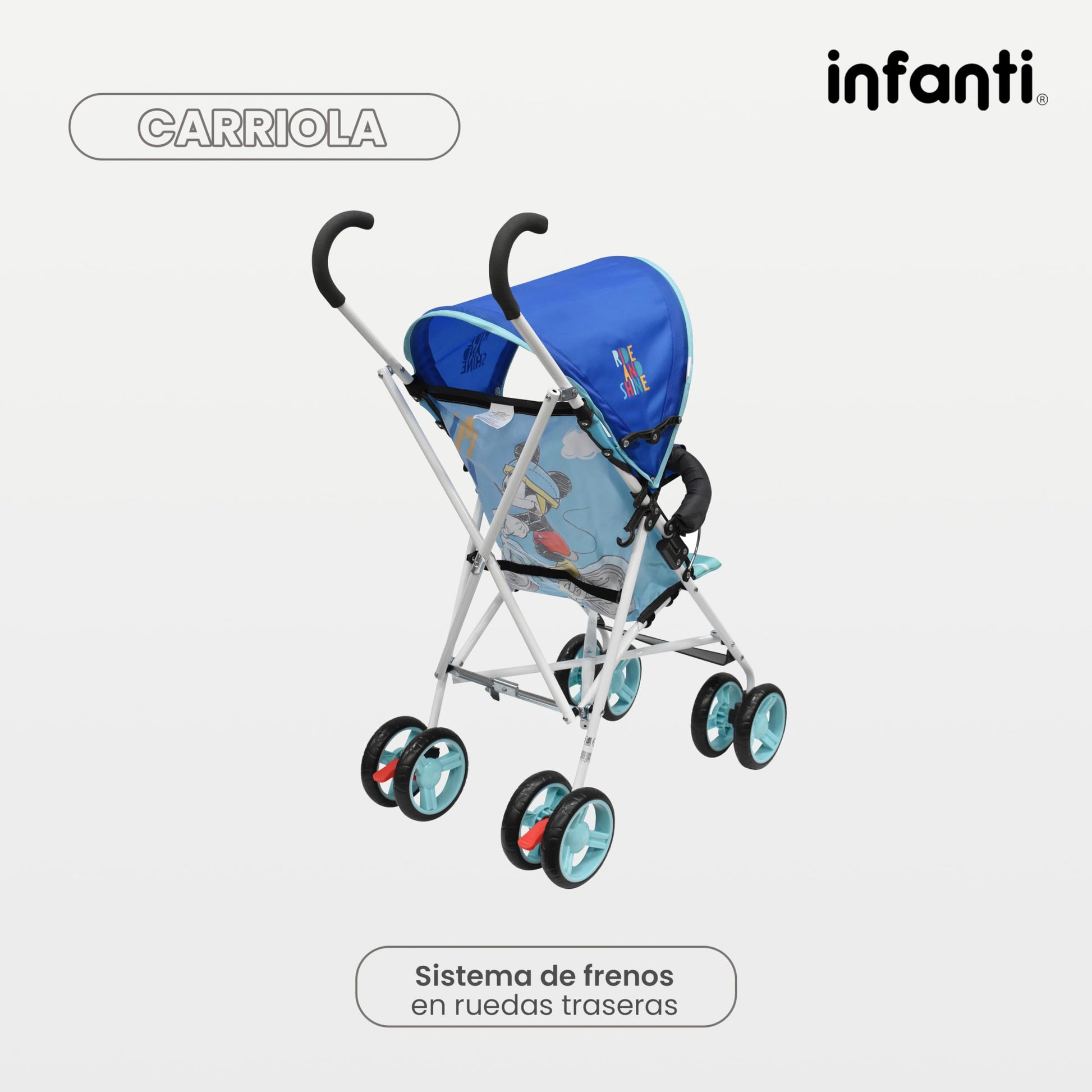 Infanti | Carriola para Bebe de Baston - Mickey Mouse | Carreola con Portabebé - Carriola de Viaje | Cosas para Bebes 6 Meses hasta 16 kg - Compacta y Plegable | Carriola de Baston Ligera con Correa
