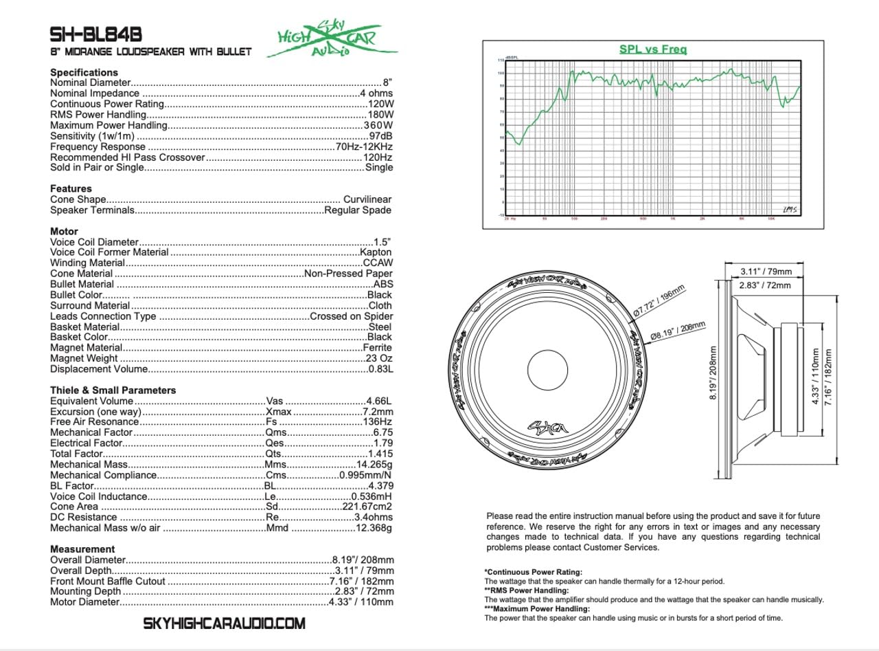 Sky High Car Audio SH-BL84B - Altavoz de rango medio (altavoz único)