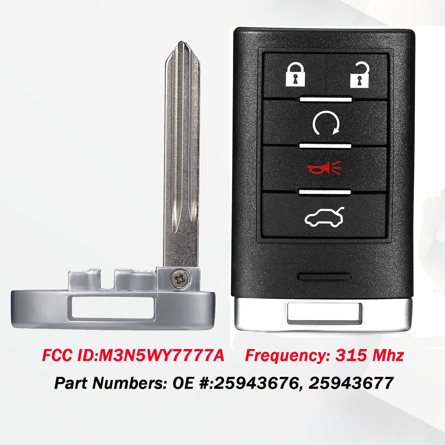 Llavero de coche con control remoto de entrada sin llave, compatible con Cadillac CTS 2008-2015 Cadillac STS 2008 2009 2010 2011 FCC ID: M3N5WY777A 315MHz (paquete de 1)
