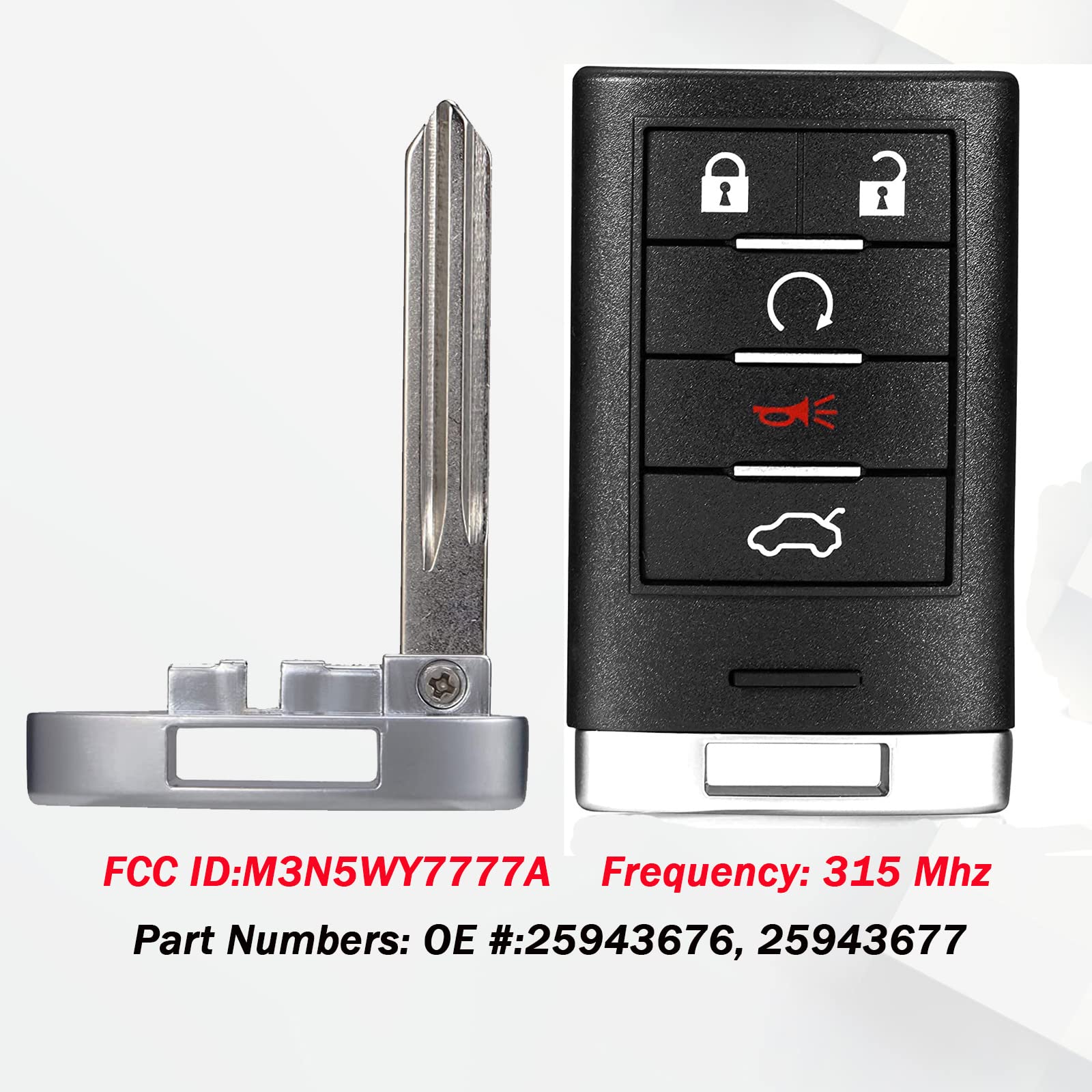 Llavero de coche con control remoto de entrada sin llave, compatible con Cadillac CTS 2008-2015 Cadillac STS 2008 2009 2010 2011 FCC ID: M3N5WY777A 315MHz (paquete de 1)