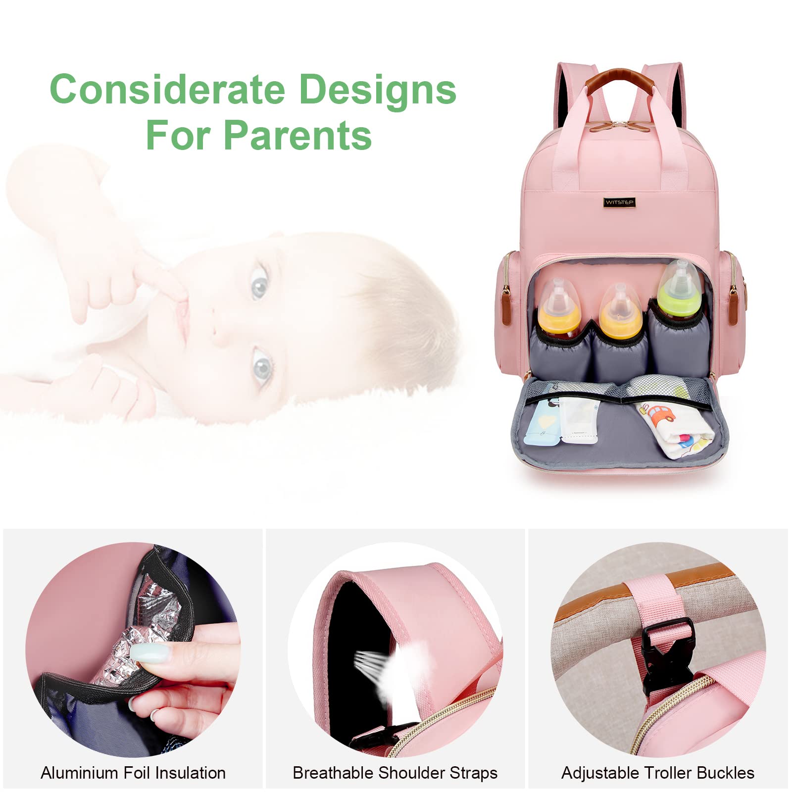 WITSTEP - Mochila para pañales con estación de cambio, organizador de pañales para bebés, para mamás, papás, bolsas grandes para cambiar de bebé, Rosado, Large, Mochila para pañales con cambiador