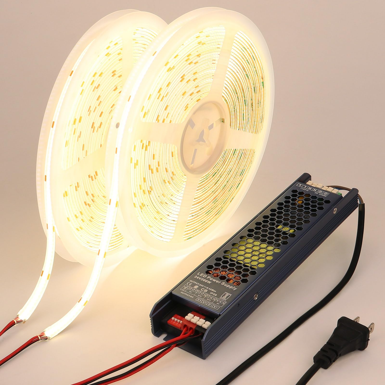 BENLUN Tira LED COB 24V 20 Metros (10 Metros x 2), 4000K Blanco Natural Luces LED Exterior Impermeable, 11W/M CRI 93 Luz de LED Adhesiva con Transformador para Habitacion, Techo, Cocina