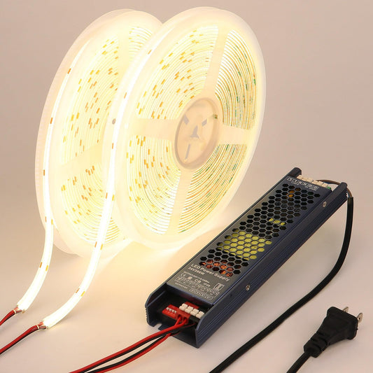 BENLUN Tira LED COB 24V 20 Metros (10 Metros x 2), 4000K Blanco Natural Luces LED Exterior Impermeable, 11W/M CRI 93 Luz de LED Adhesiva con Transformador para Habitacion, Techo, Cocina