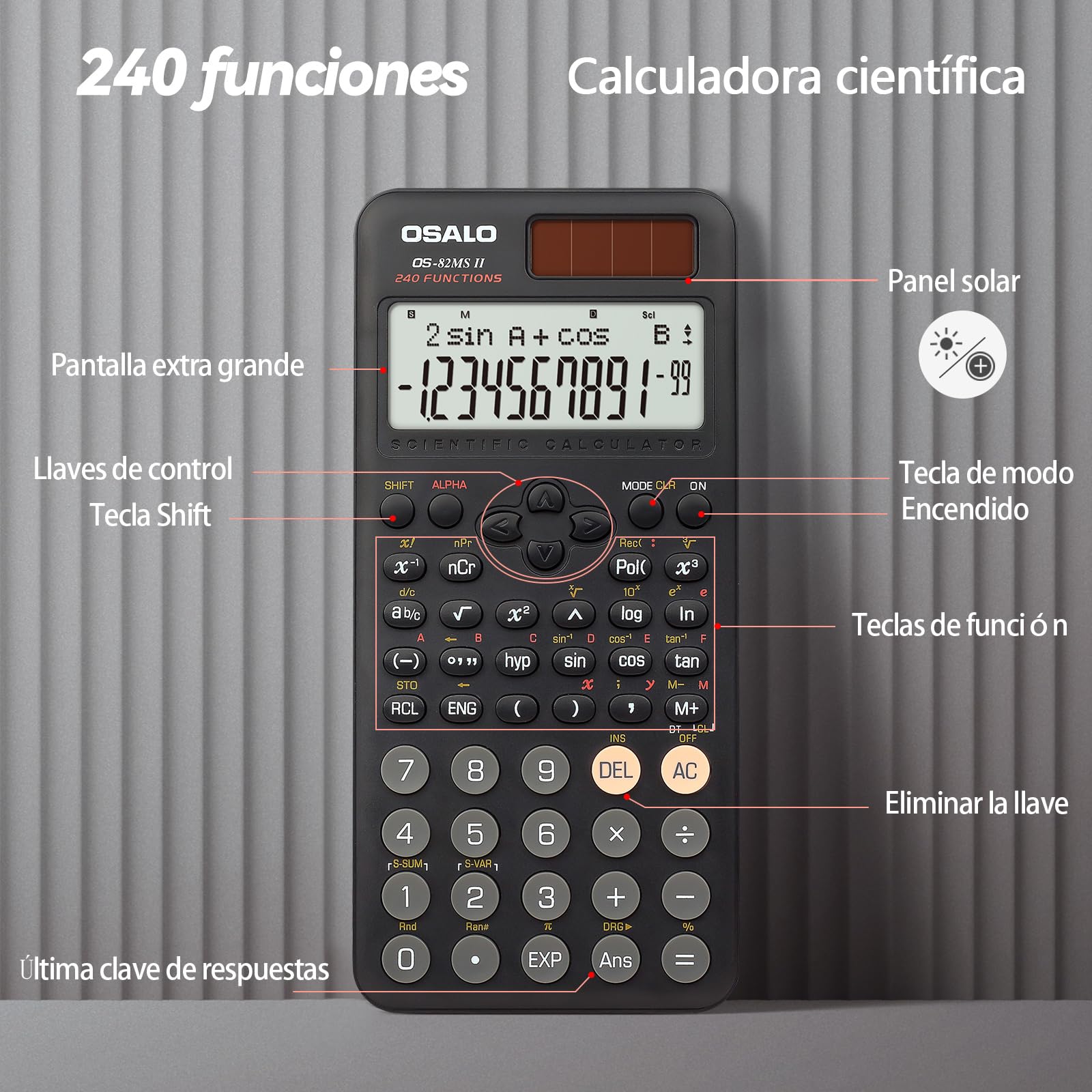 Calculadora científica 240 Funciones Pantalla de 2 líneas Calculadoras solares y de batería para Estudiantes universitarios de Secundaria (OS 82MS 2.ª edición)