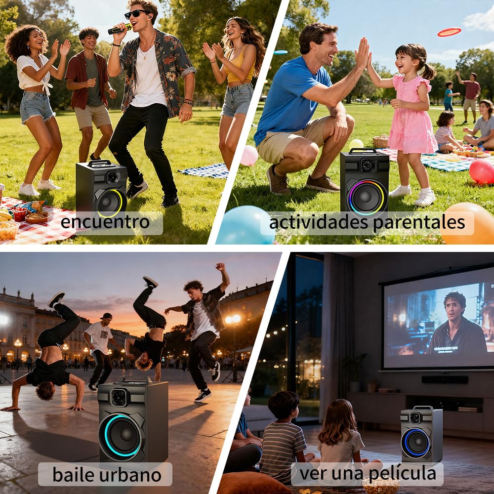 AIRAMP Bocina Portatil Bluethooth de 20W con Subwoofer Activo Karaoke Bocina y Micrófono Inalámbrico,Bocina Bluetooth Grande Caja de Madera, Sonido Estéreo, Batería Recargable, TWS, USB/TF/AUX/FM