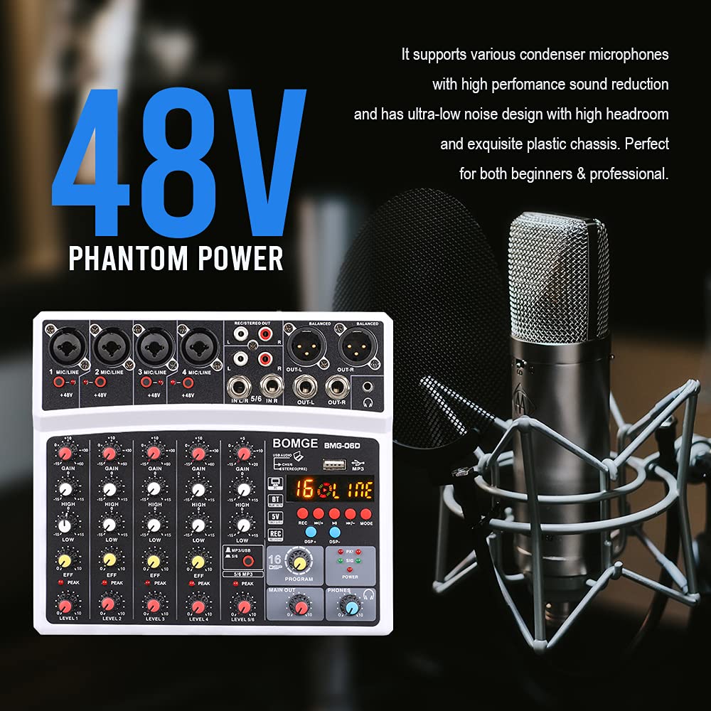 BOMGE - Mezclador de sonido de audio de 6 canales, consola de mezcla profesional para DJ digital para transmisión en vivo, karaoke y grabación estéreo, con reproducción de grabación de computadora de