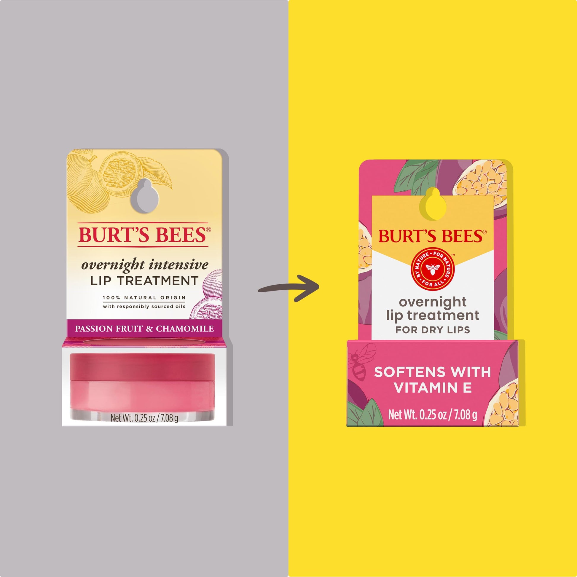 Burt's Bees Overnight Intensive Lip Treatment, Moisturizing Lip Care, Passionfruit & Chamomile, 100% Natural, 0.25 Ounce