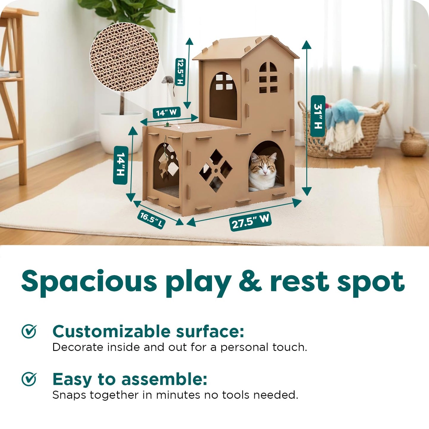 Furhaven Muebles para gatos – Tiger Tough Farmhouse Área de juegos Apartamento escondite corrugado Rascador para gatos y gatitos, cartón (marrón), talla única