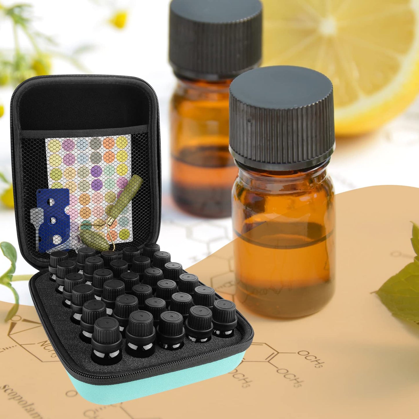 Estuche de almacenamiento de aceites esenciales, estuche de transporte de aceites esenciales, varios tamaños, rodillo de jade para abridor de rostro y aceite, pegatinas, embudo y pipeta de transferencia (verde)