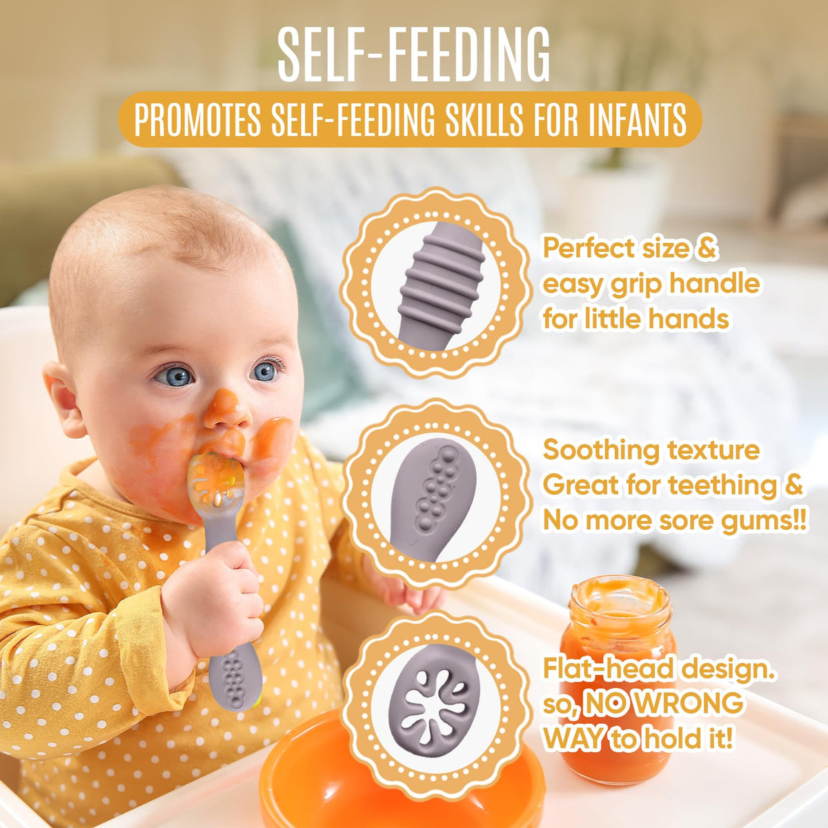 HippoBaby - Cucharas de silicona para bebé, 4 piezas, utensilios autoalimentables para bebé, 6-12 meses, 3 cucharas para bebé, 1 tenedor para bebé, juego de cubiertos para niños pequeños, sin BPA